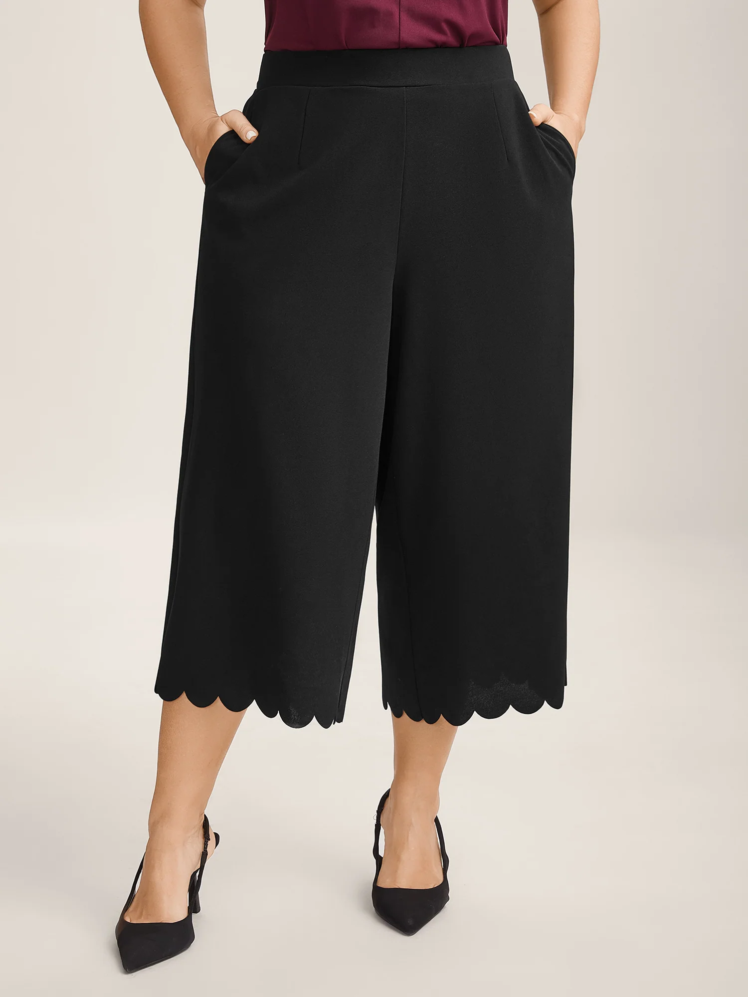 Scalloped Hem Wide-Leg Solid Pants - Image 2