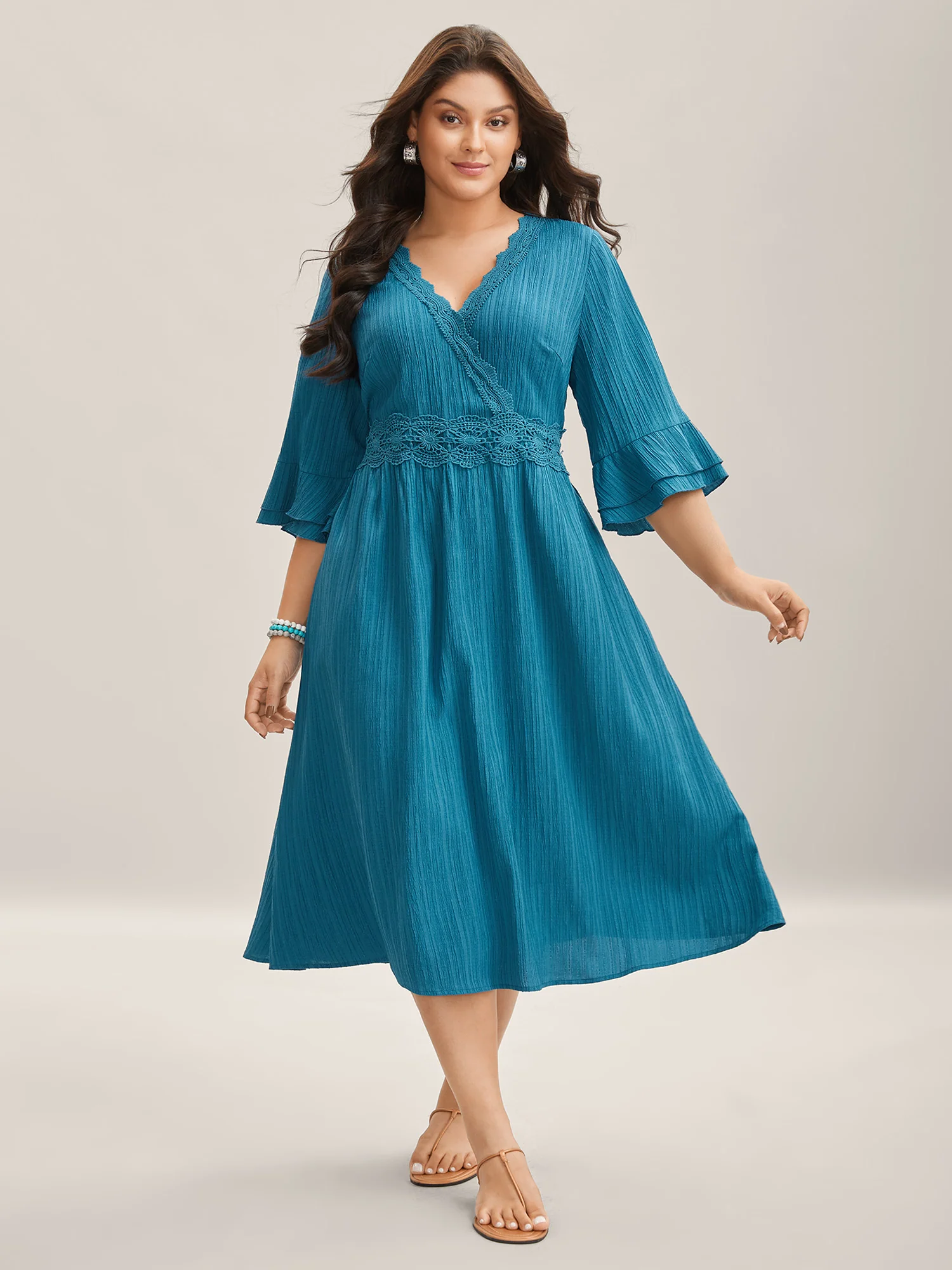 Scalloped Lace Surplice Ruffled Midi Dress - Image 11