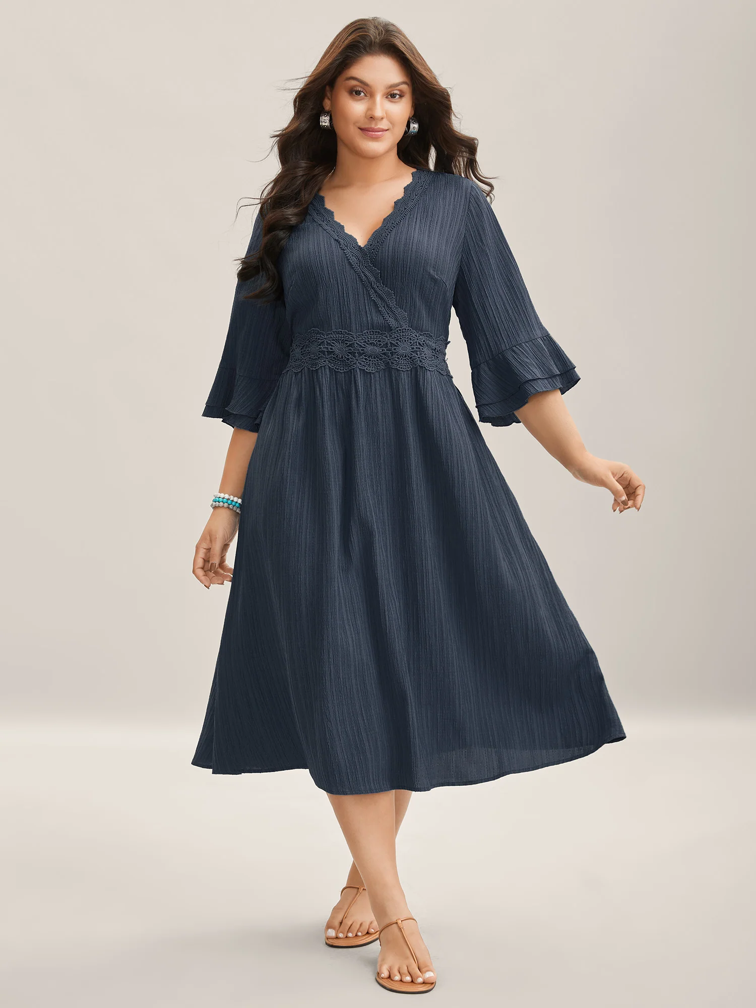 Scalloped Lace Surplice Ruffled Midi Dress - Image 7