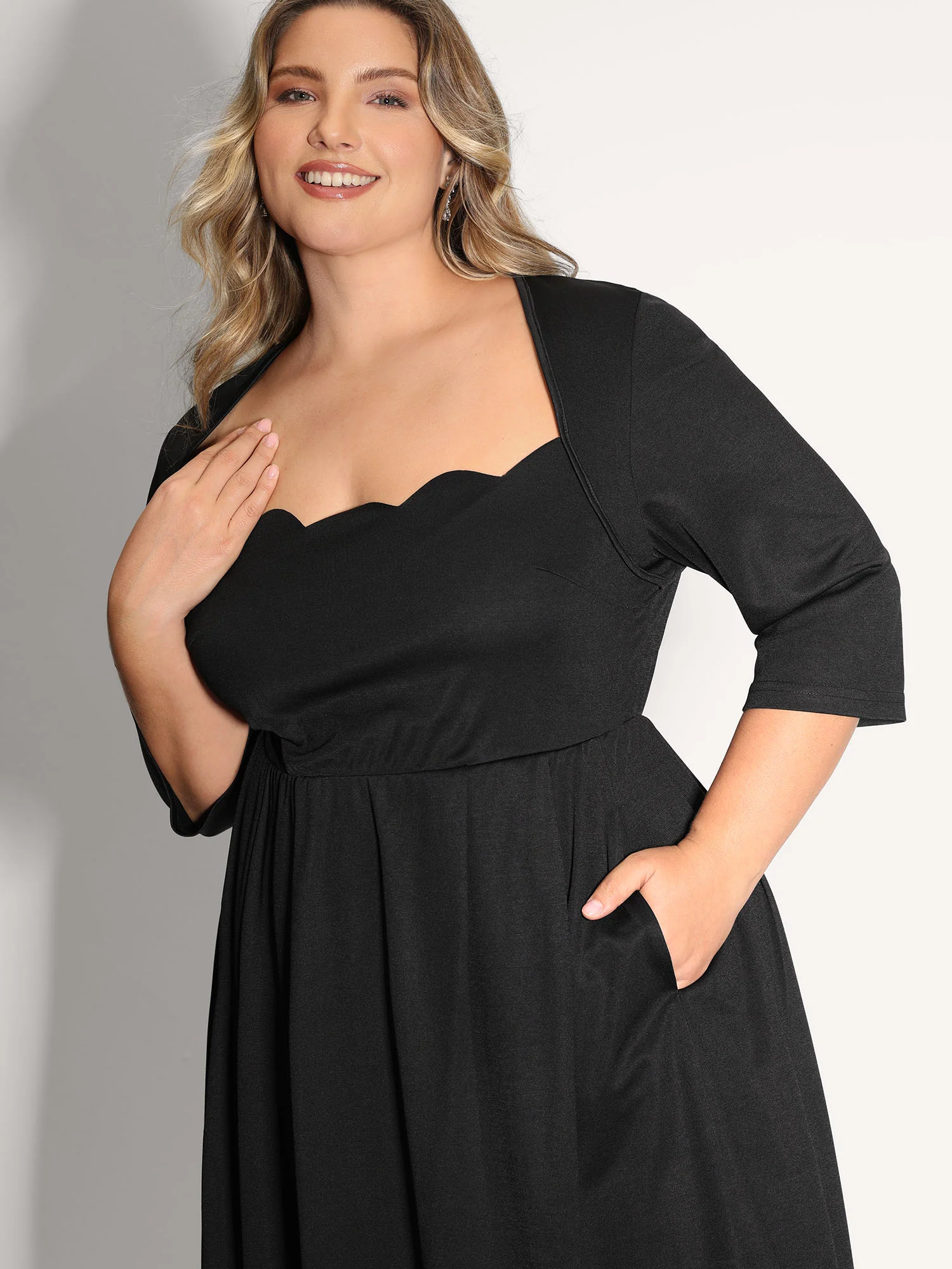 Scalloped Laser Cut Neck Stretchy Midi Dress - Image 2