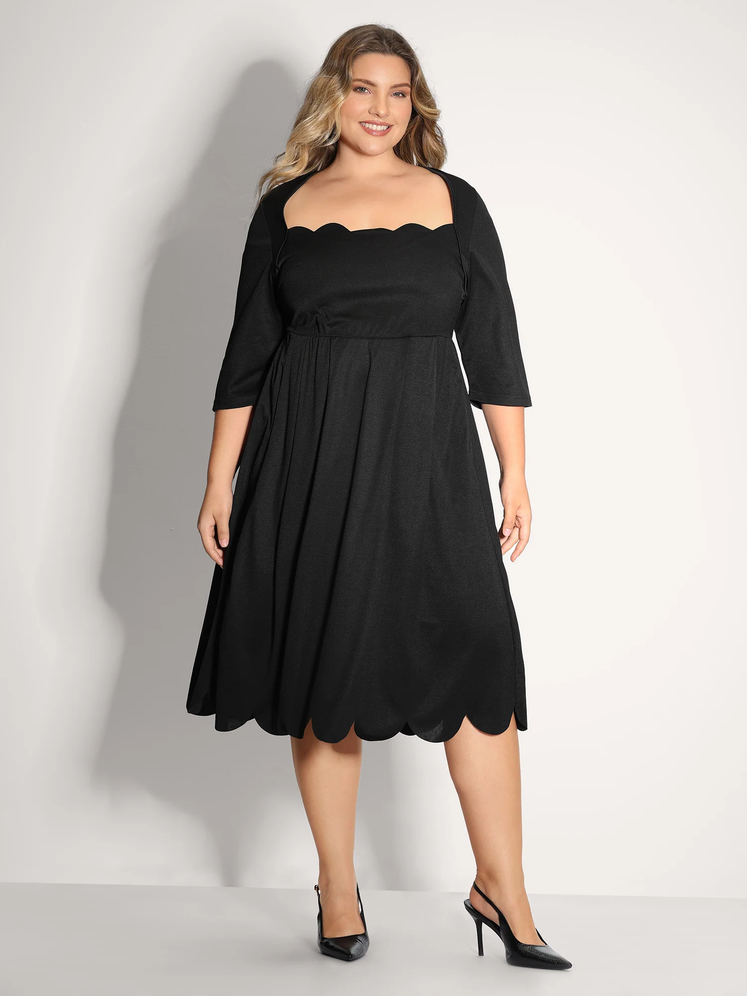 Scalloped Laser Cut Neck Stretchy Midi Dress - Image 3