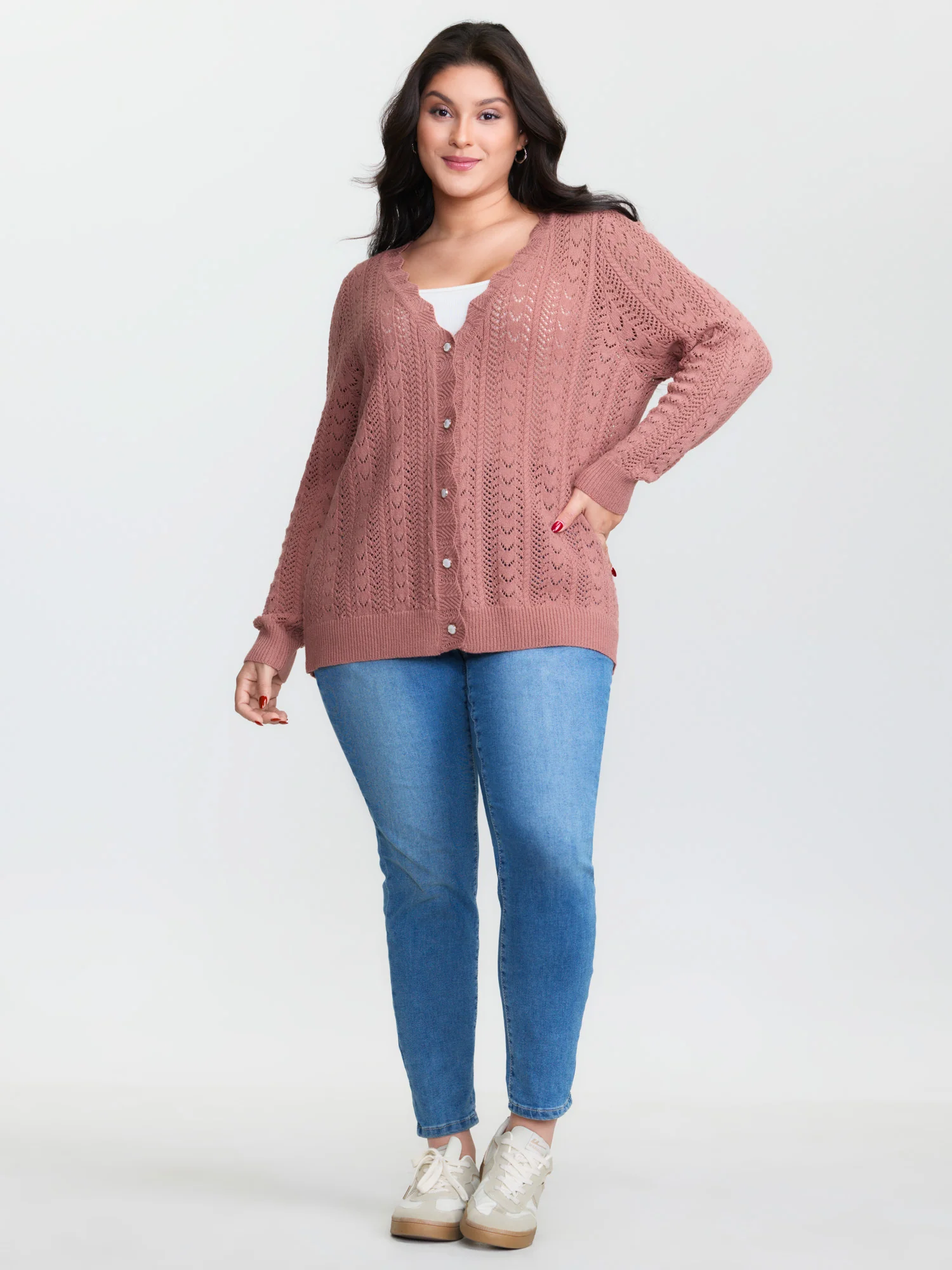 Scalloped Neckline Cut-Out Knit Cardigan - Image 2