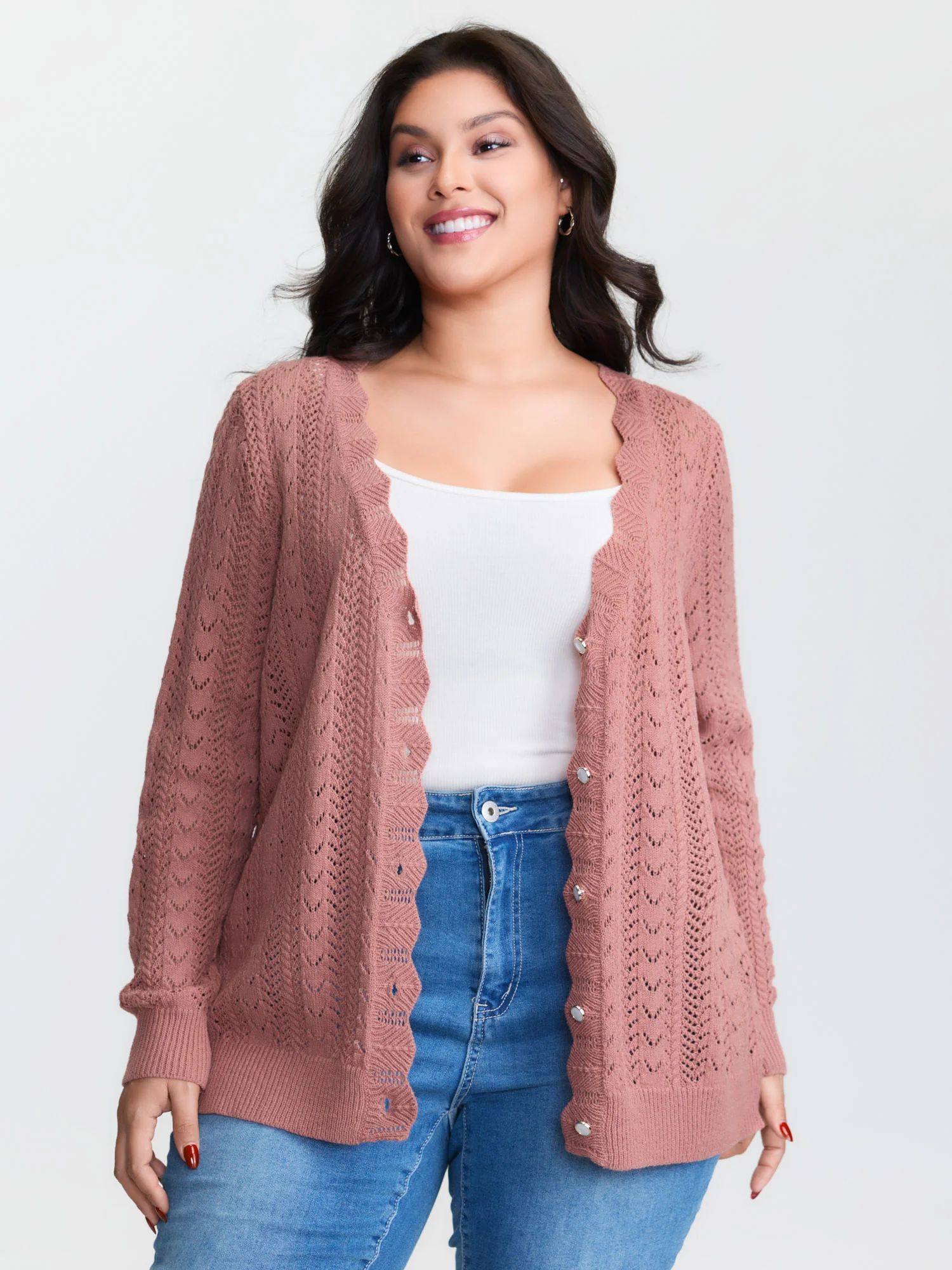 Scalloped Neckline Cut-Out Knit Cardigan - Image 3
