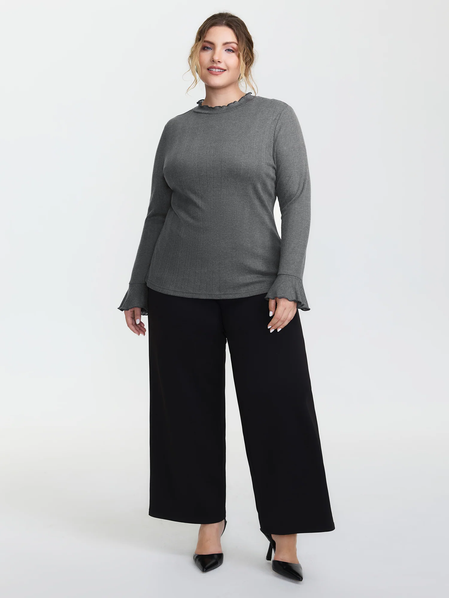 Scalloped Trim High Neck Fitted T-Shirt - Image 3