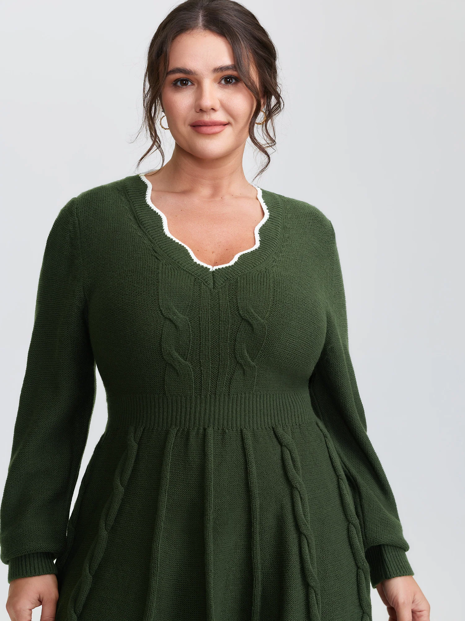 Scalloped V-Neck Fit and Flare Sweater Dress - Image 2
