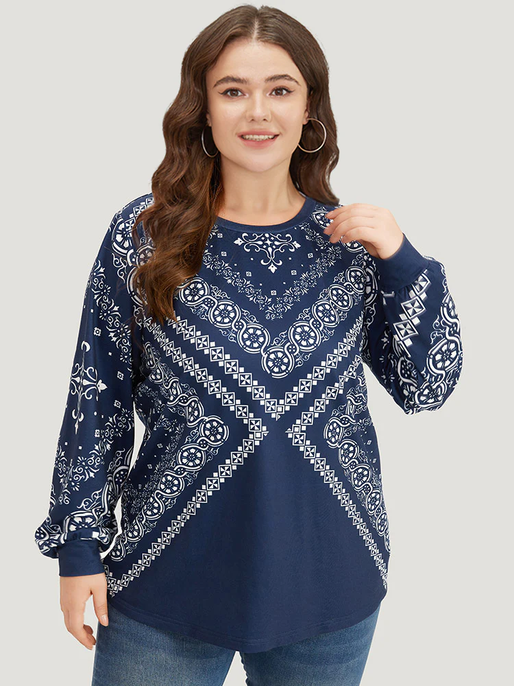 Scarf Print Round Neck Elastic Cuffs Sweatshirt - Image 3