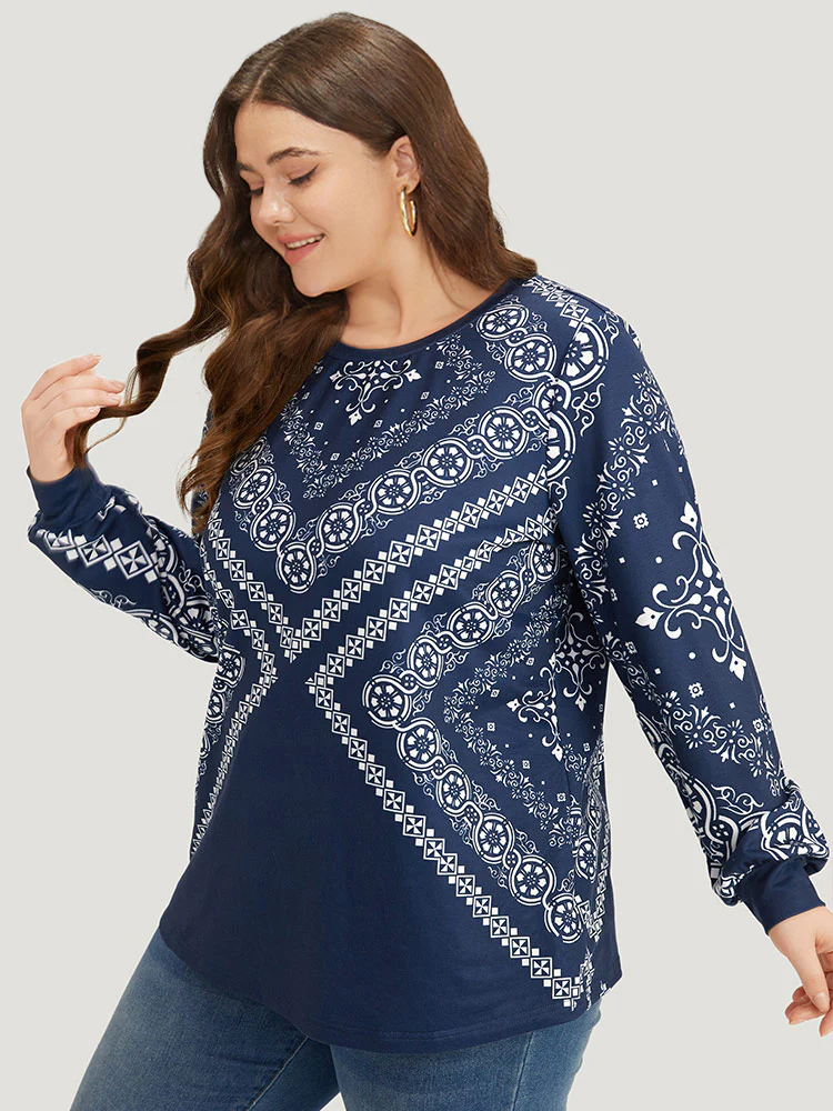Scarf Print Round Neck Elastic Cuffs Sweatshirt - Image 4