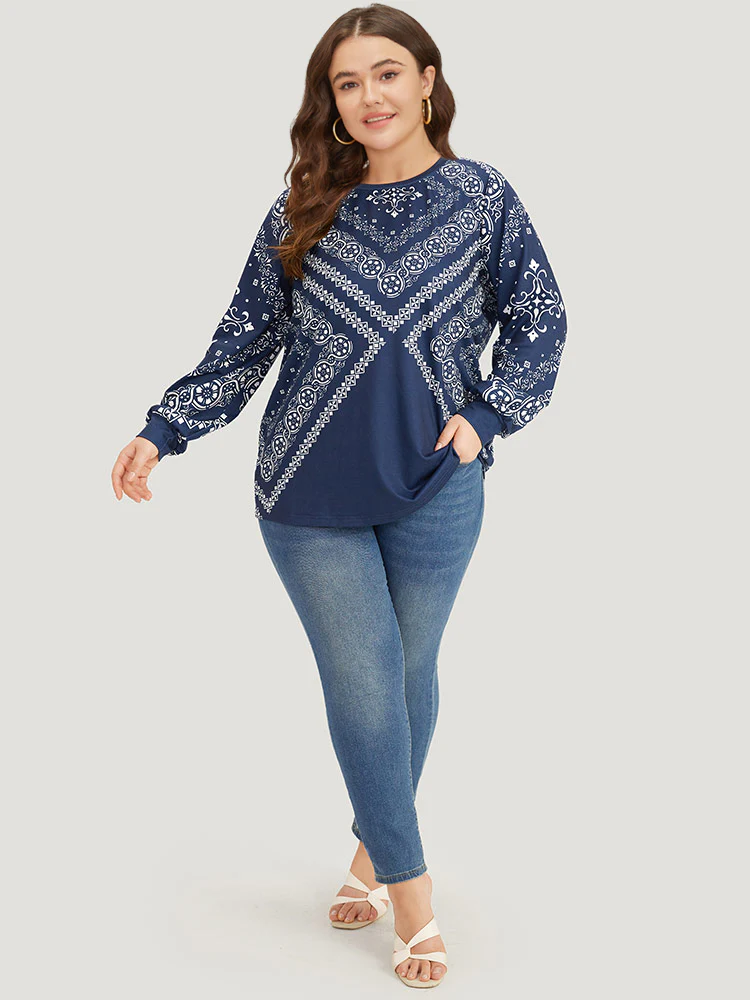 Scarf Print Round Neck Elastic Cuffs Sweatshirt - Image 5