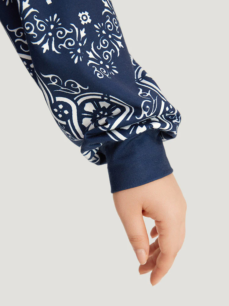 Scarf Print Round Neck Elastic Cuffs Sweatshirt - Image 6