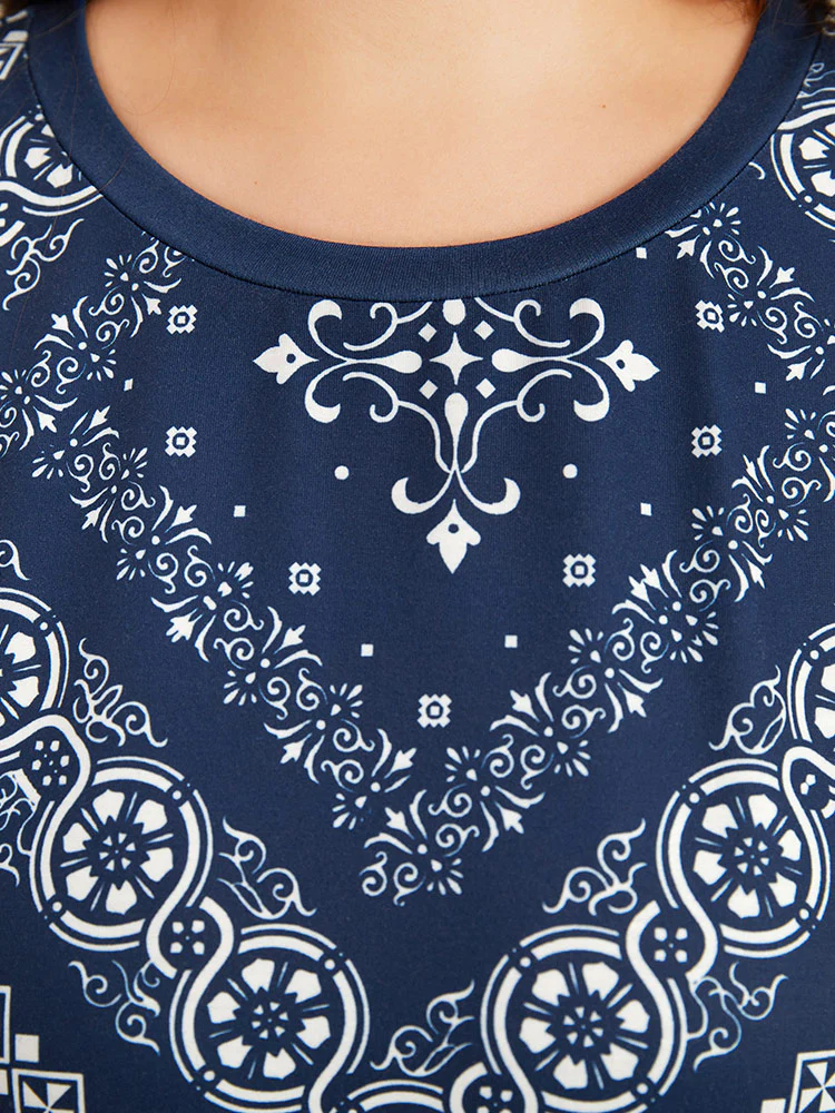 Scarf Print Round Neck Elastic Cuffs Sweatshirt - Image 7