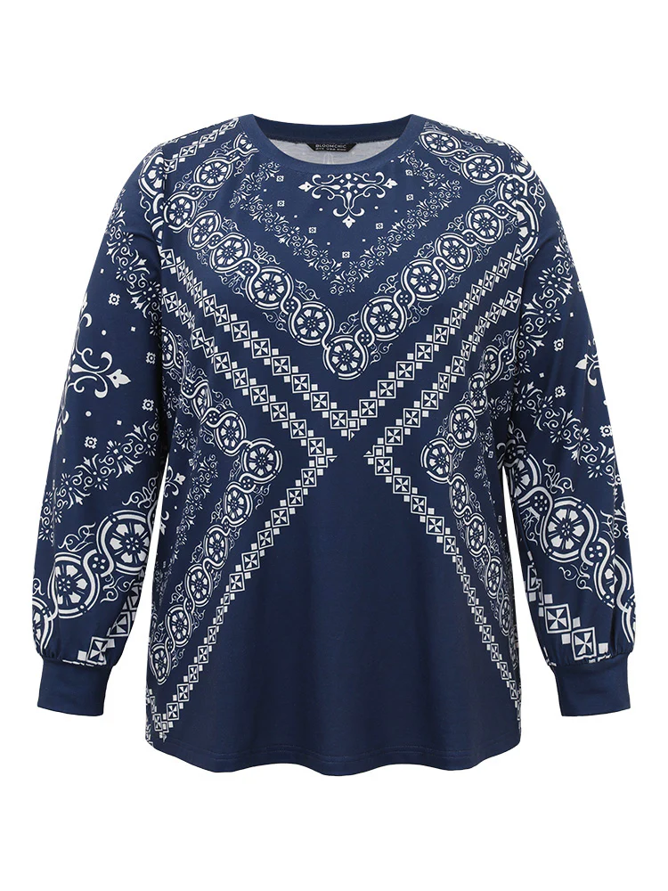 Scarf Print Round Neck Elastic Cuffs Sweatshirt - Image 8