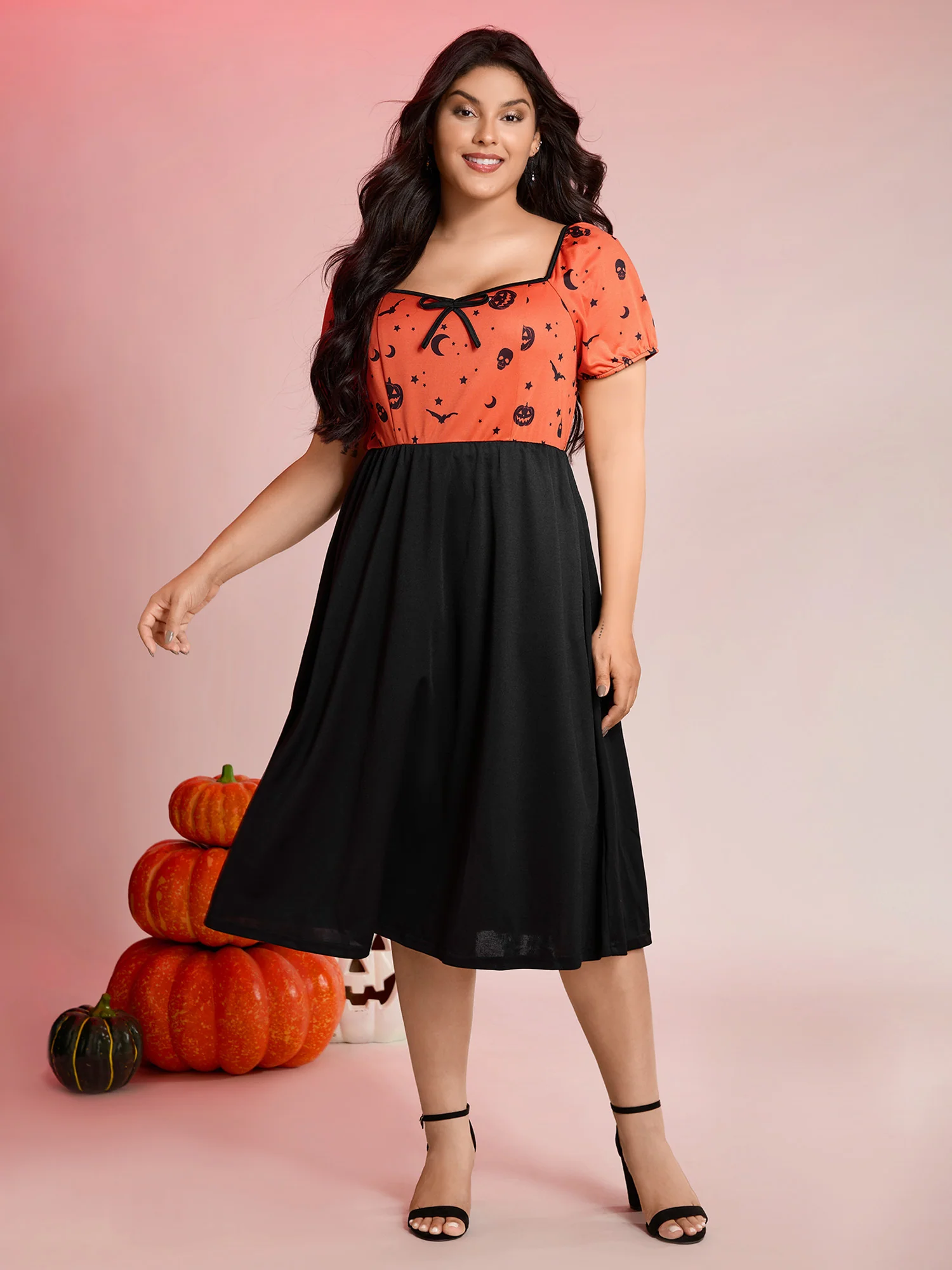 Scary Halloween Print Colorblock Midi Dress - Image 3
