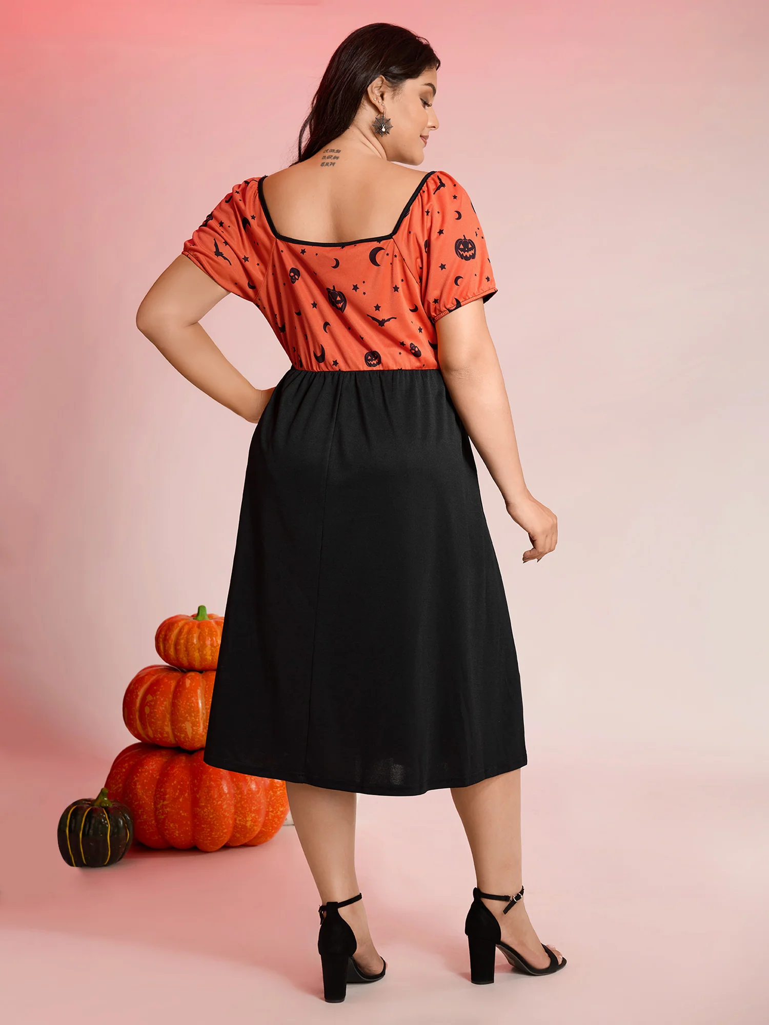 Scary Halloween Print Colorblock Midi Dress - Image 4