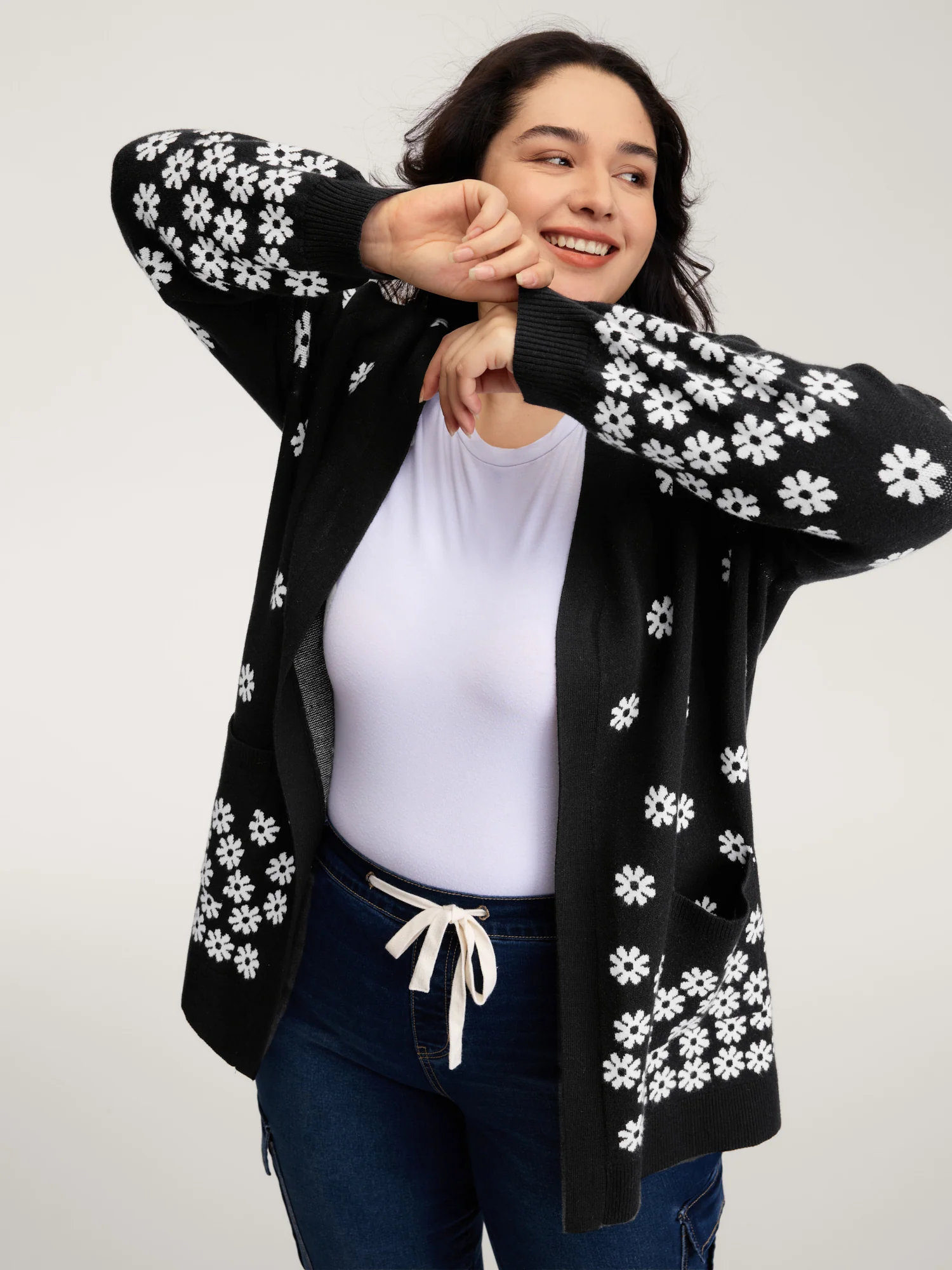 Scattered Floral Pattern Open-Front Cardigan - Image 2
