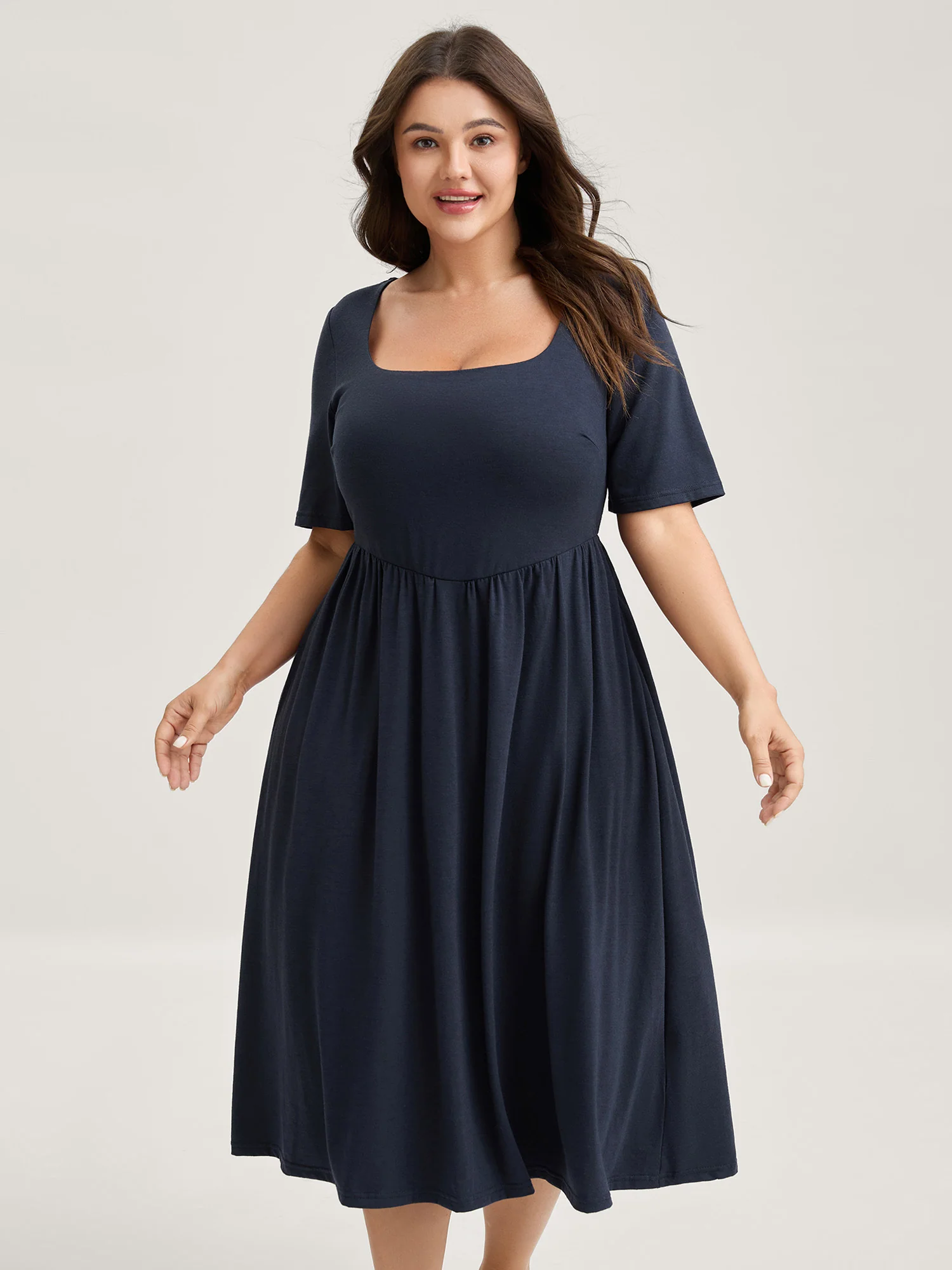 Scoop Neck Stretch Solid Pockets Midi Dress - Image 4