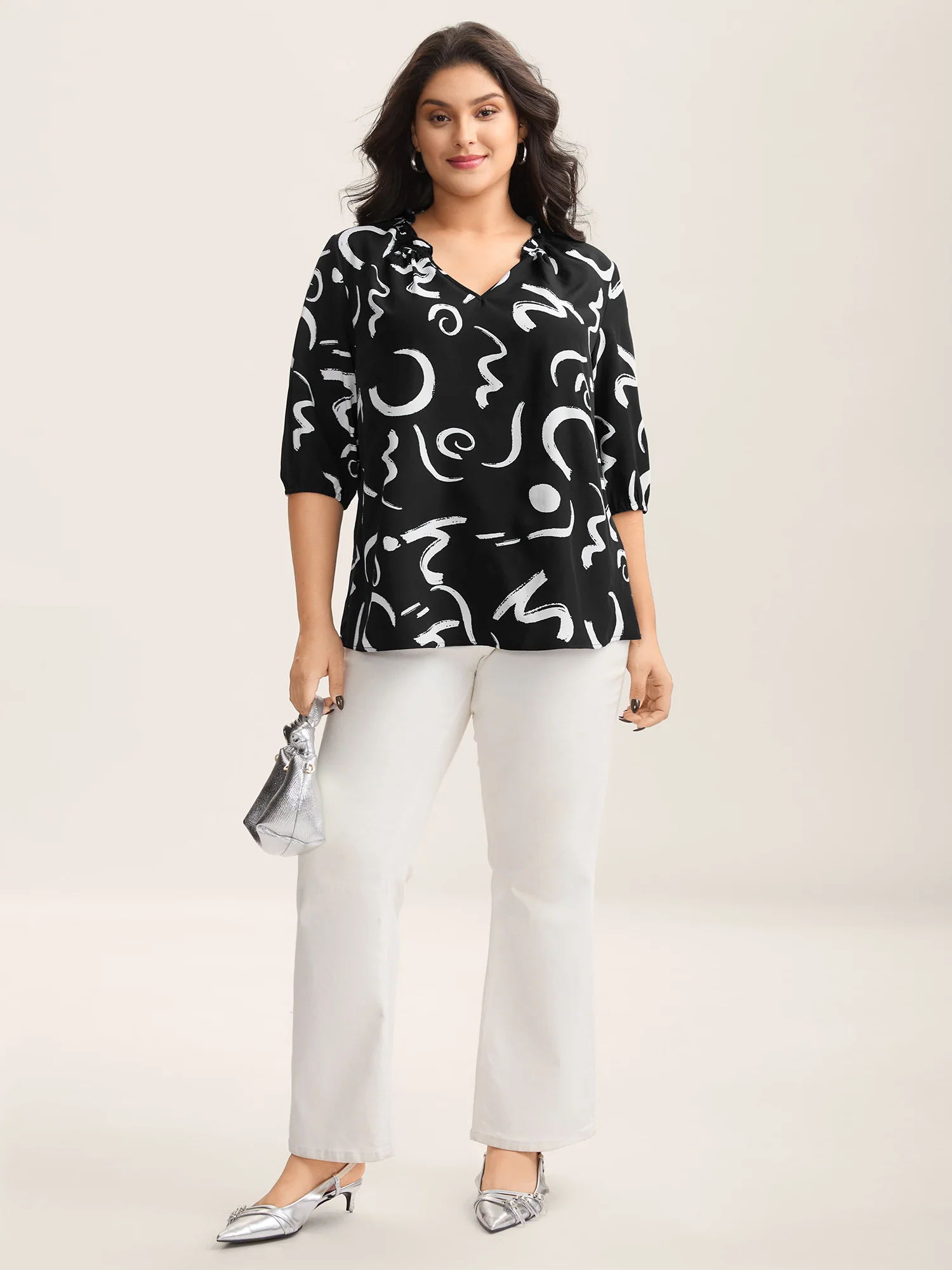 Scribble Print Ruffled Split Neck Blouse - Image 10