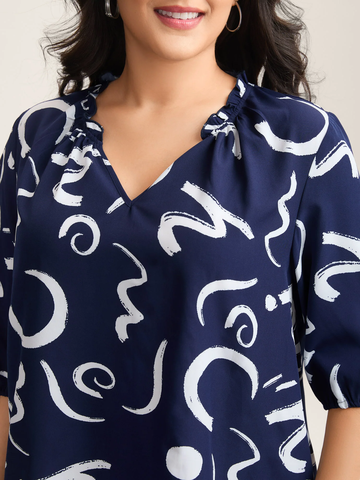 Scribble Print Ruffled Split Neck Blouse - Image 2