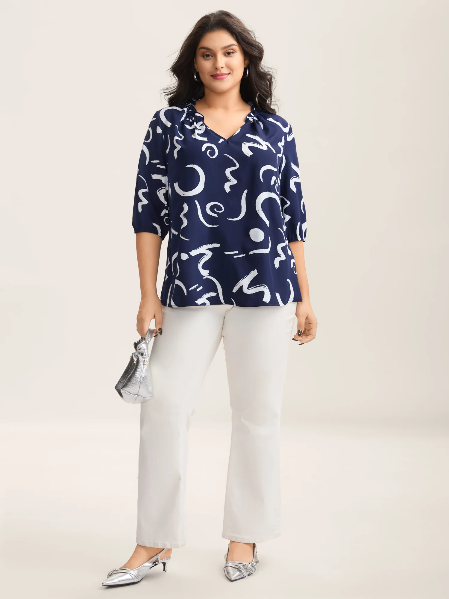 Scribble Print Ruffled Split Neck Blouse - Image 3