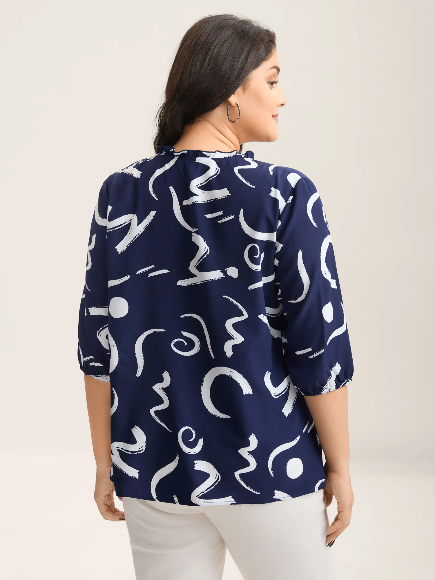 Scribble Print Ruffled Split Neck Blouse - Image 4