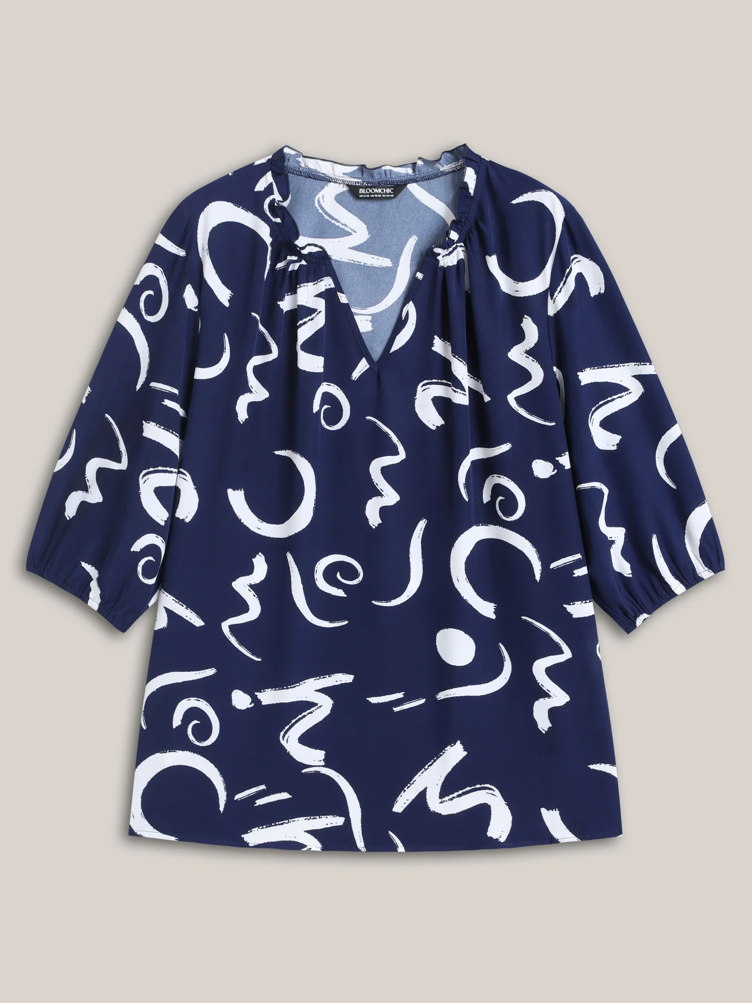 Scribble Print Ruffled Split Neck Blouse - Image 7