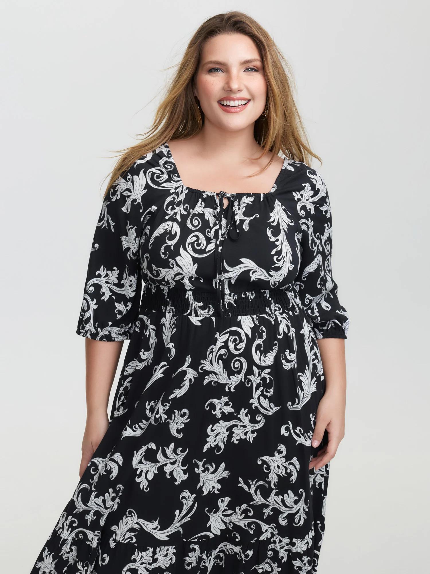 Scroll Pattern Adjustable Drawstring Pockets Midi Dress - Image 2