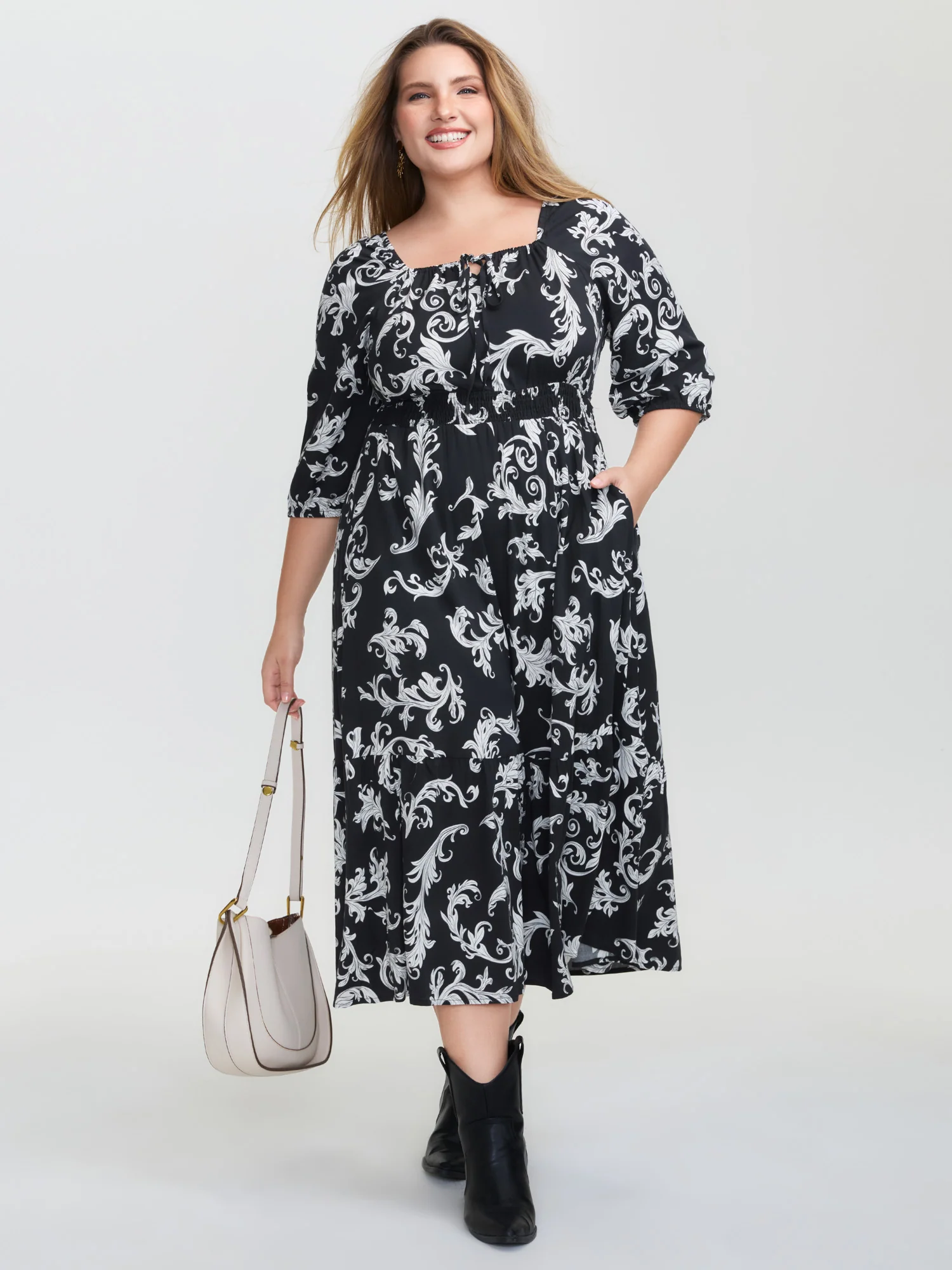 Scroll Pattern Adjustable Drawstring Pockets Midi Dress - Image 3