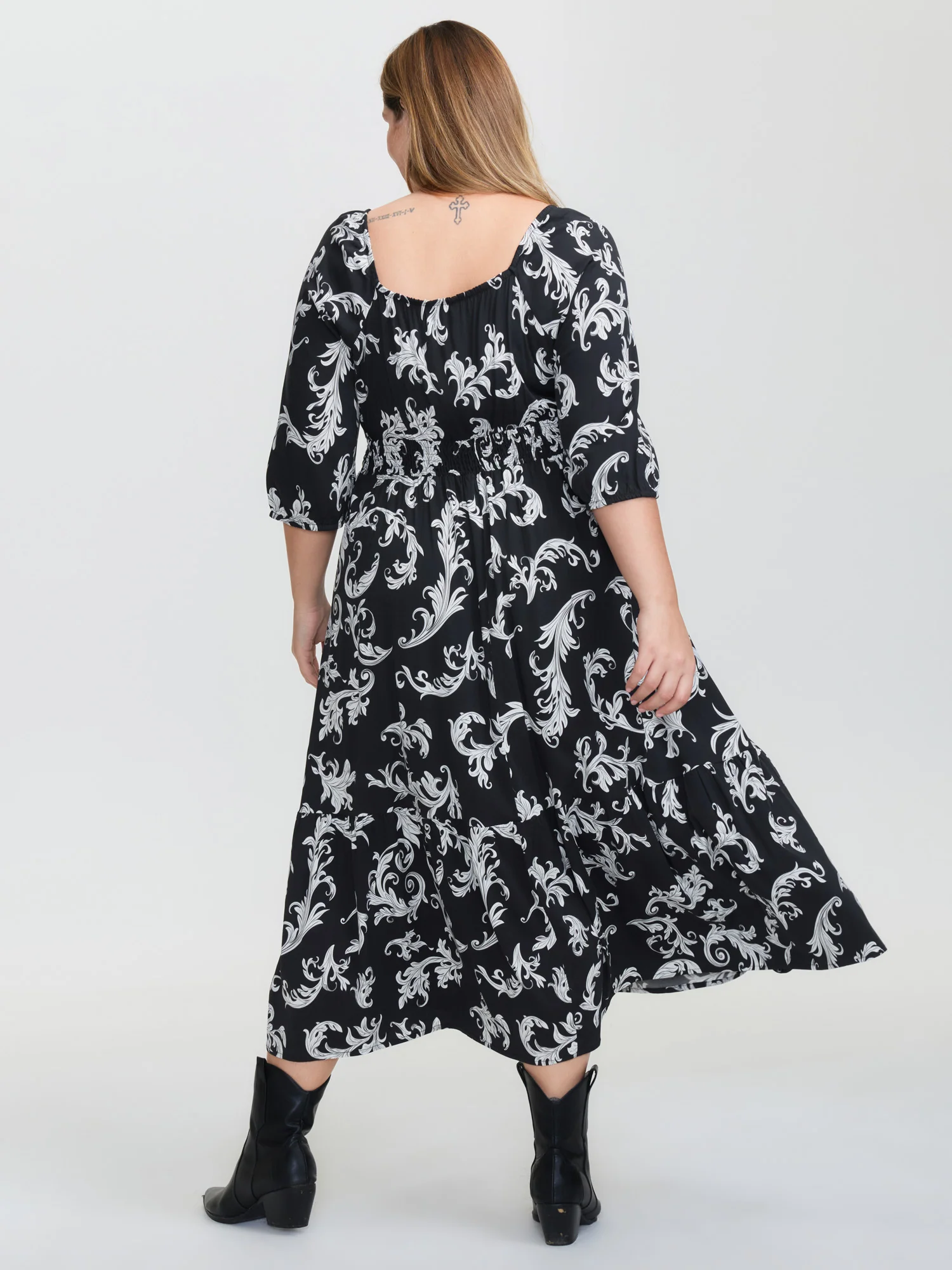 Scroll Pattern Adjustable Drawstring Pockets Midi Dress - Image 4