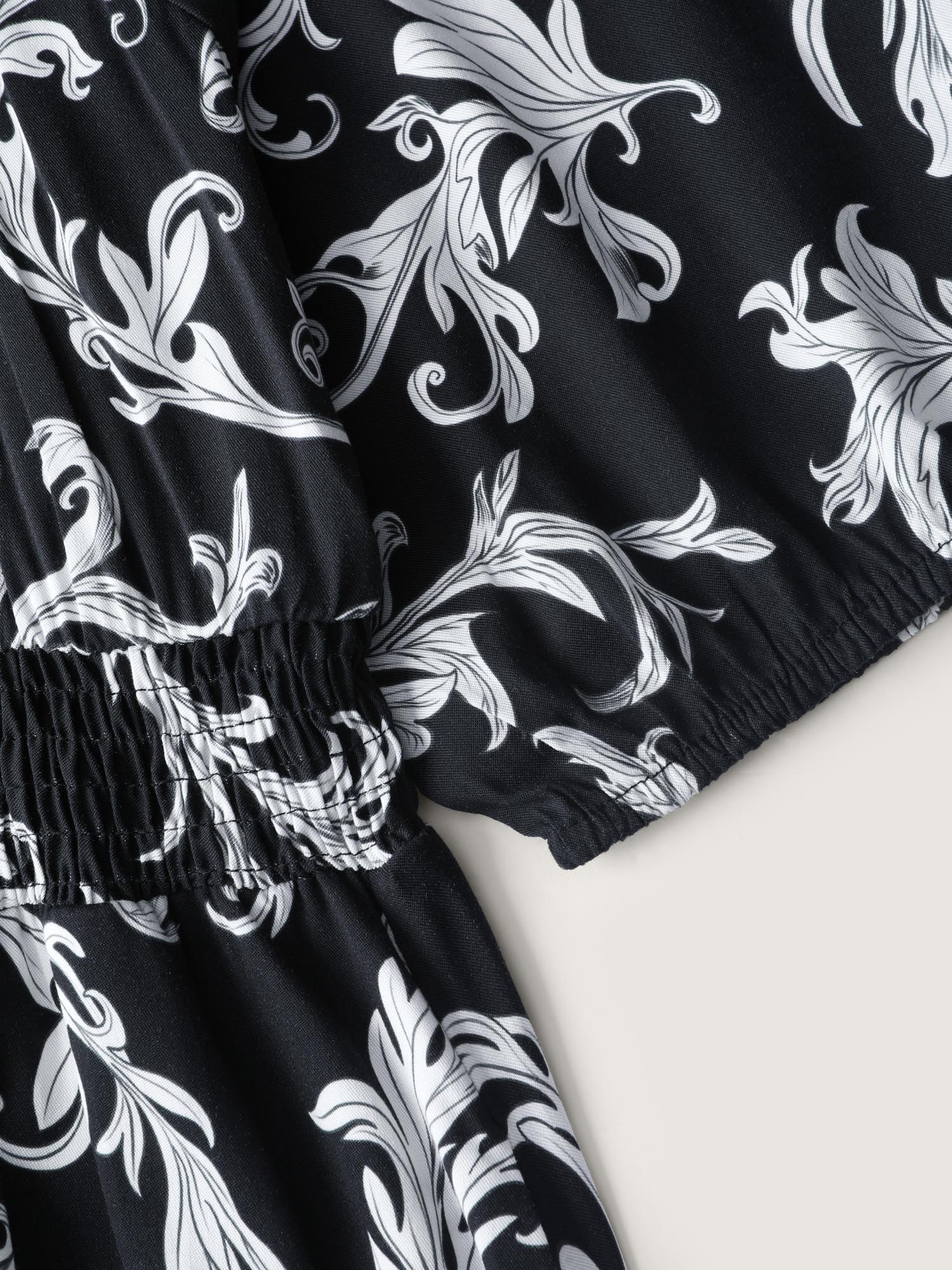 Scroll Pattern Adjustable Drawstring Pockets Midi Dress - Image 5