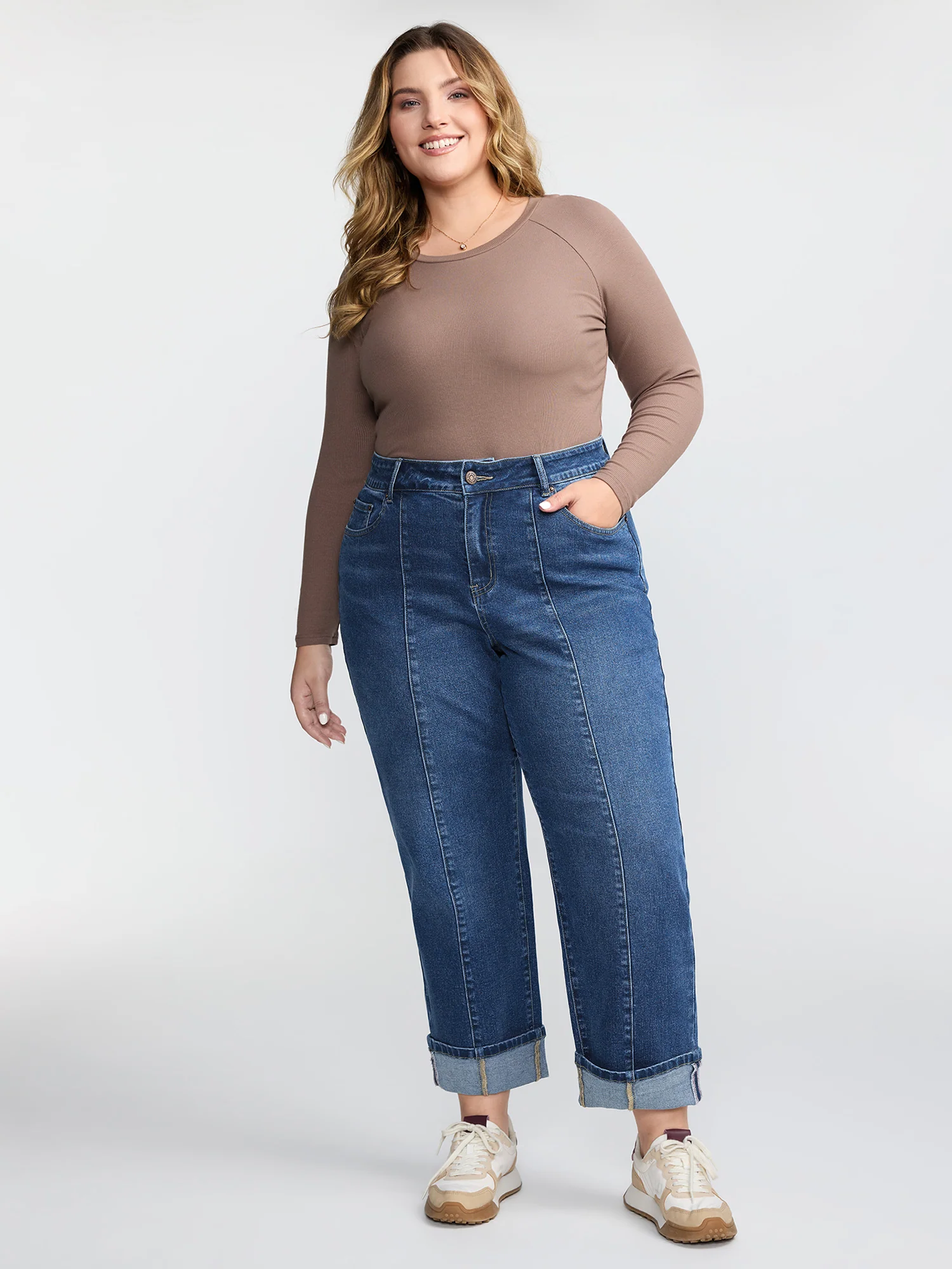 Seamed Rolled Hem Straight-Leg Jeans - Image 2