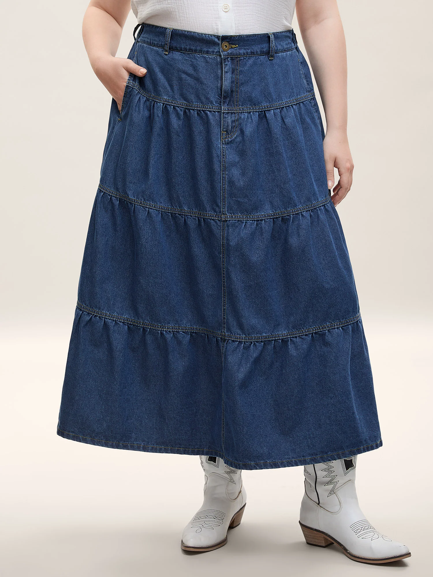Seamed Tiered A-Line Denim Maxi Skirt - Image 2