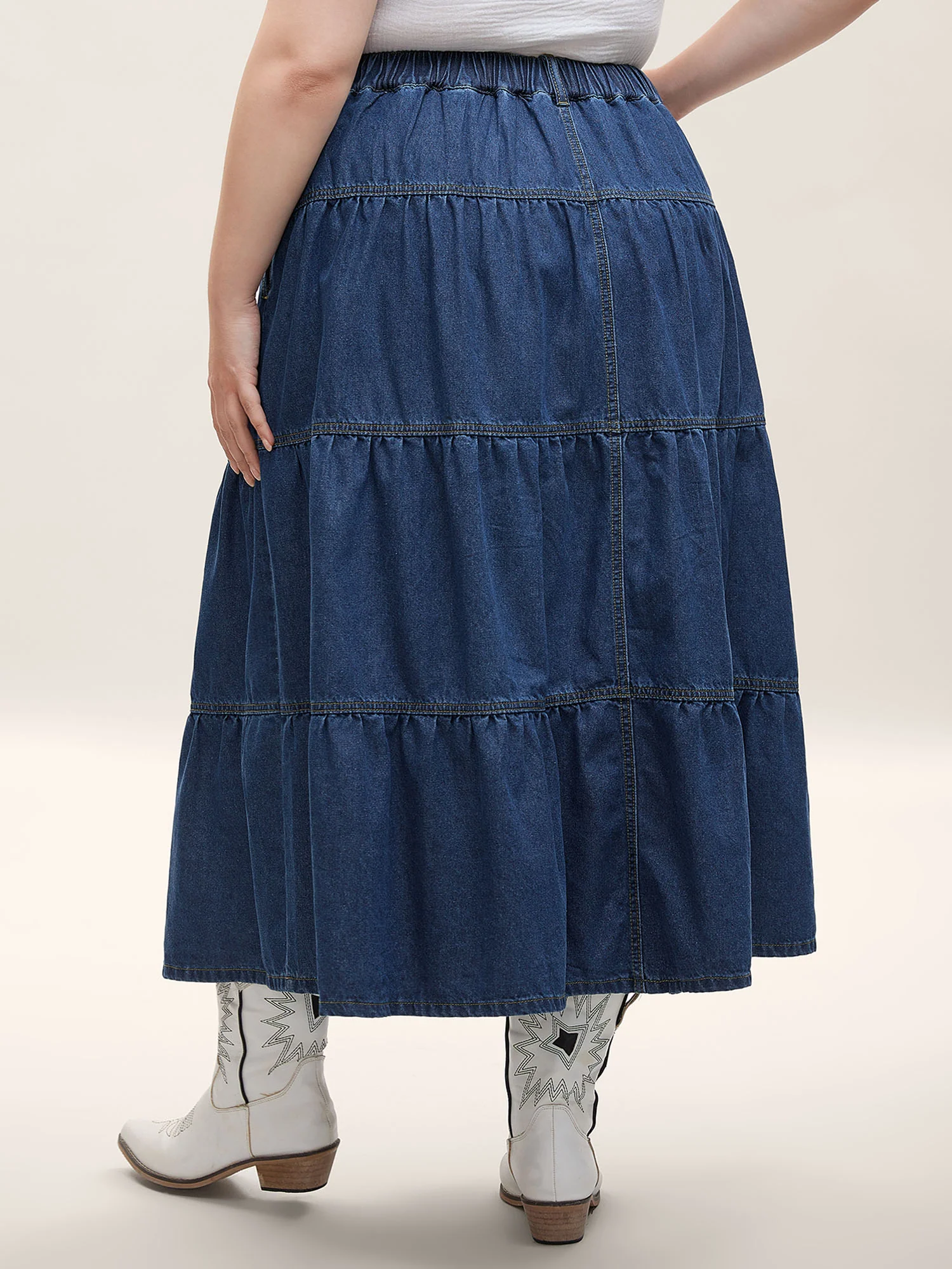 Seamed Tiered A-Line Denim Maxi Skirt - Image 3