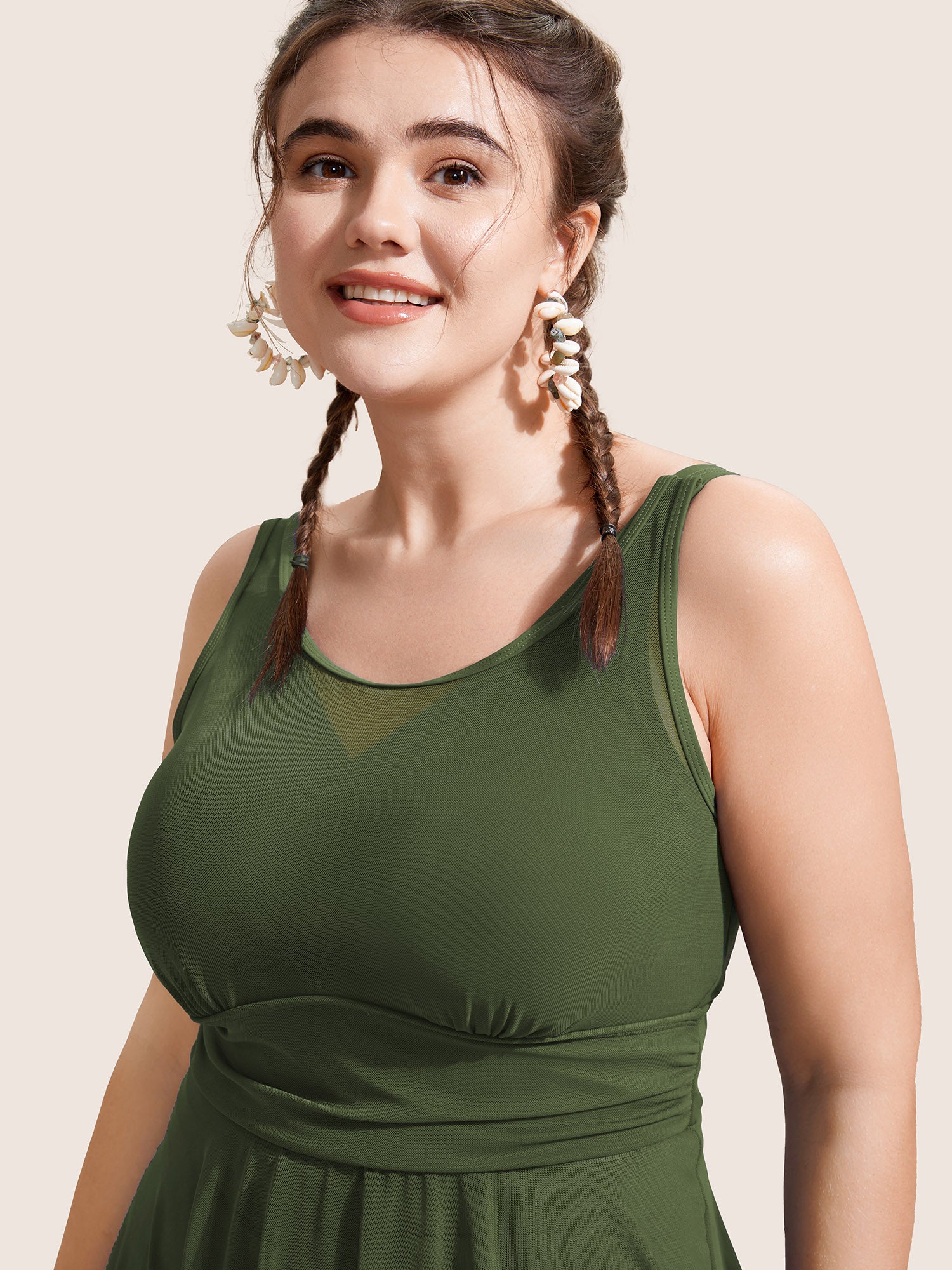 See Through Patchwork Gathered Swim Dress - Image 4