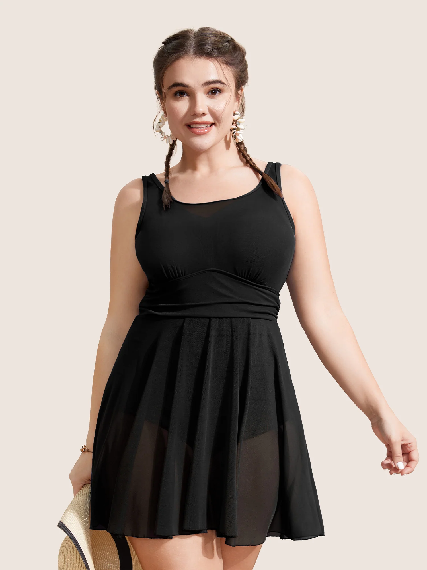 See Through Patchwork Gathered Swim Dress - Image 5