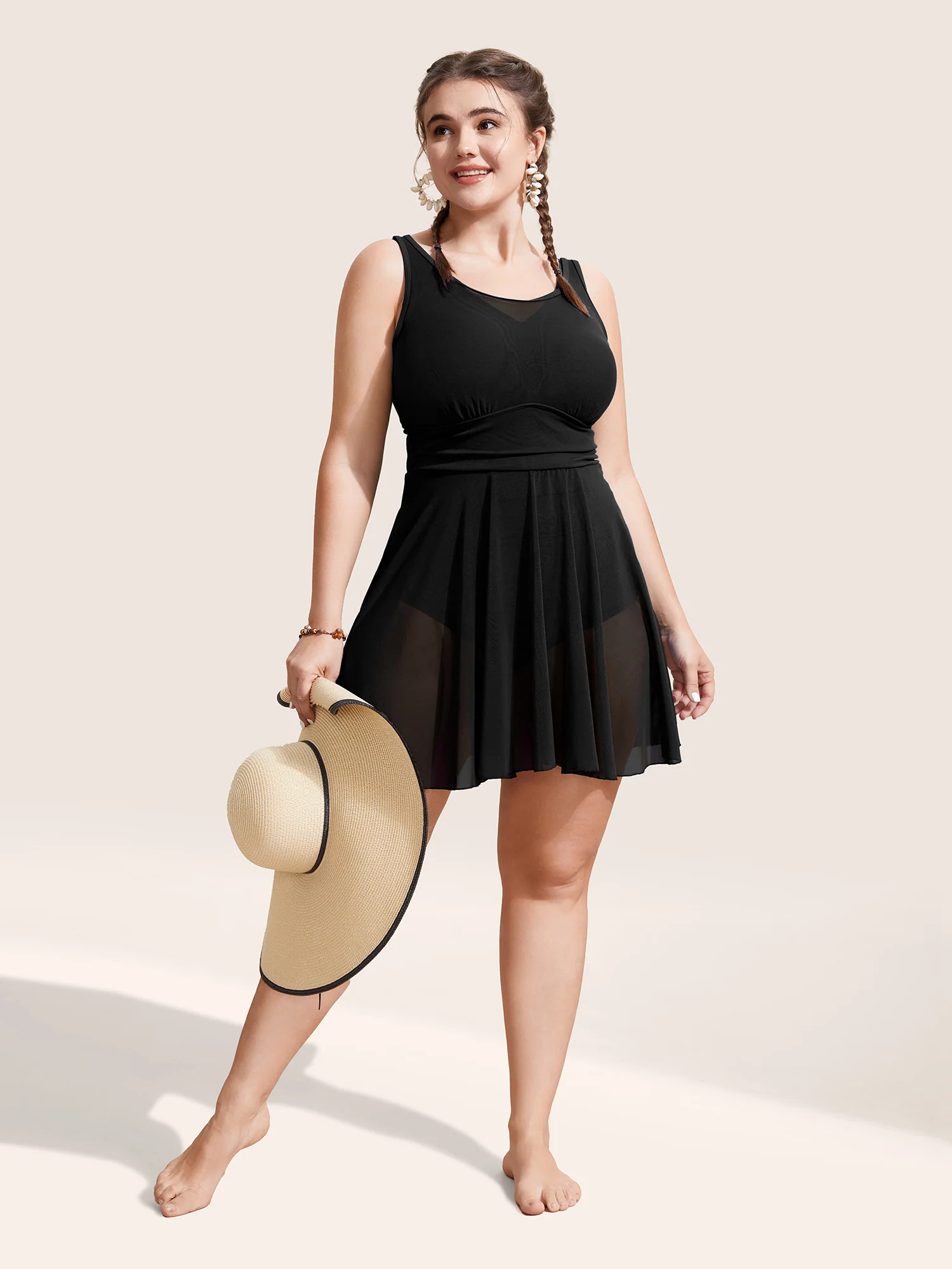 See Through Patchwork Gathered Swim Dress - Image 7