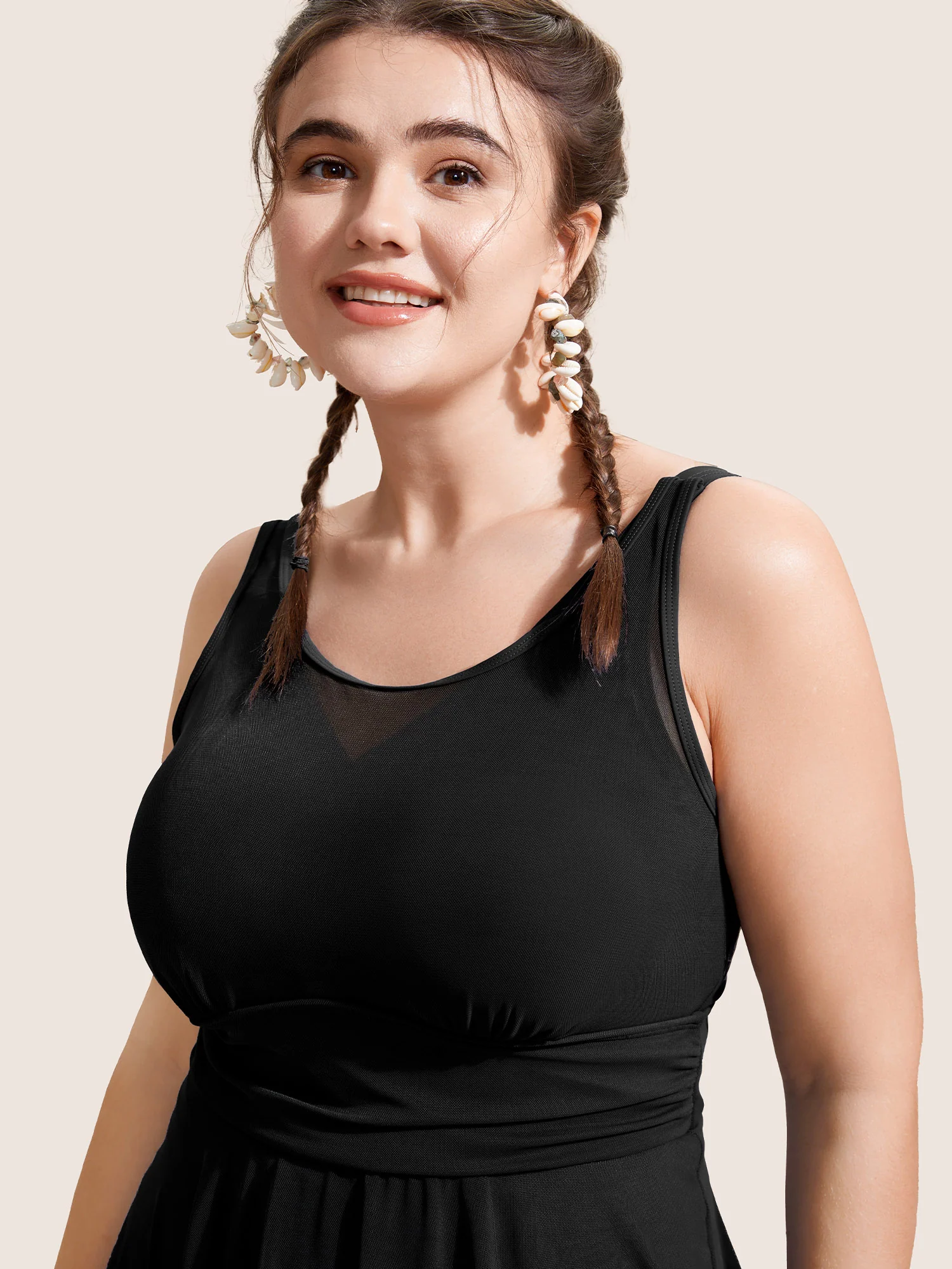 See Through Patchwork Gathered Swim Dress - Image 8