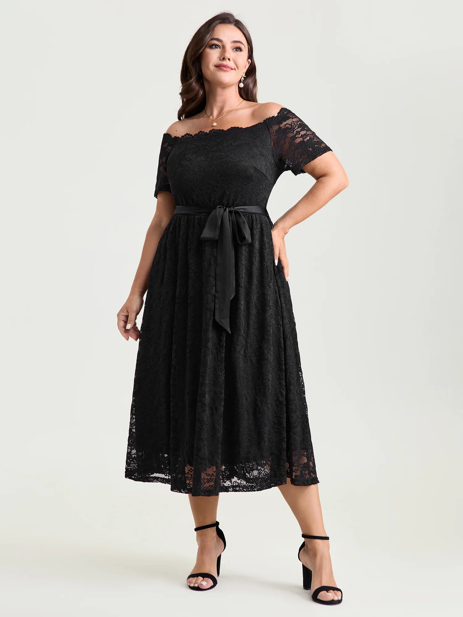 Sensational Lace Stretchy Waist Tie Midi Dress - Image 3