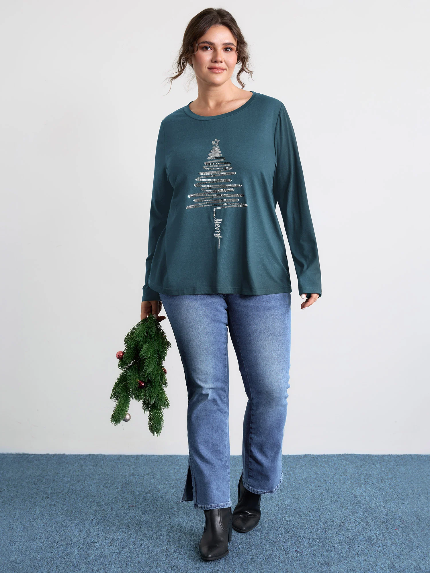 Sequin Cord Embroidered Tree Round Neck T-Shirt - Image 10
