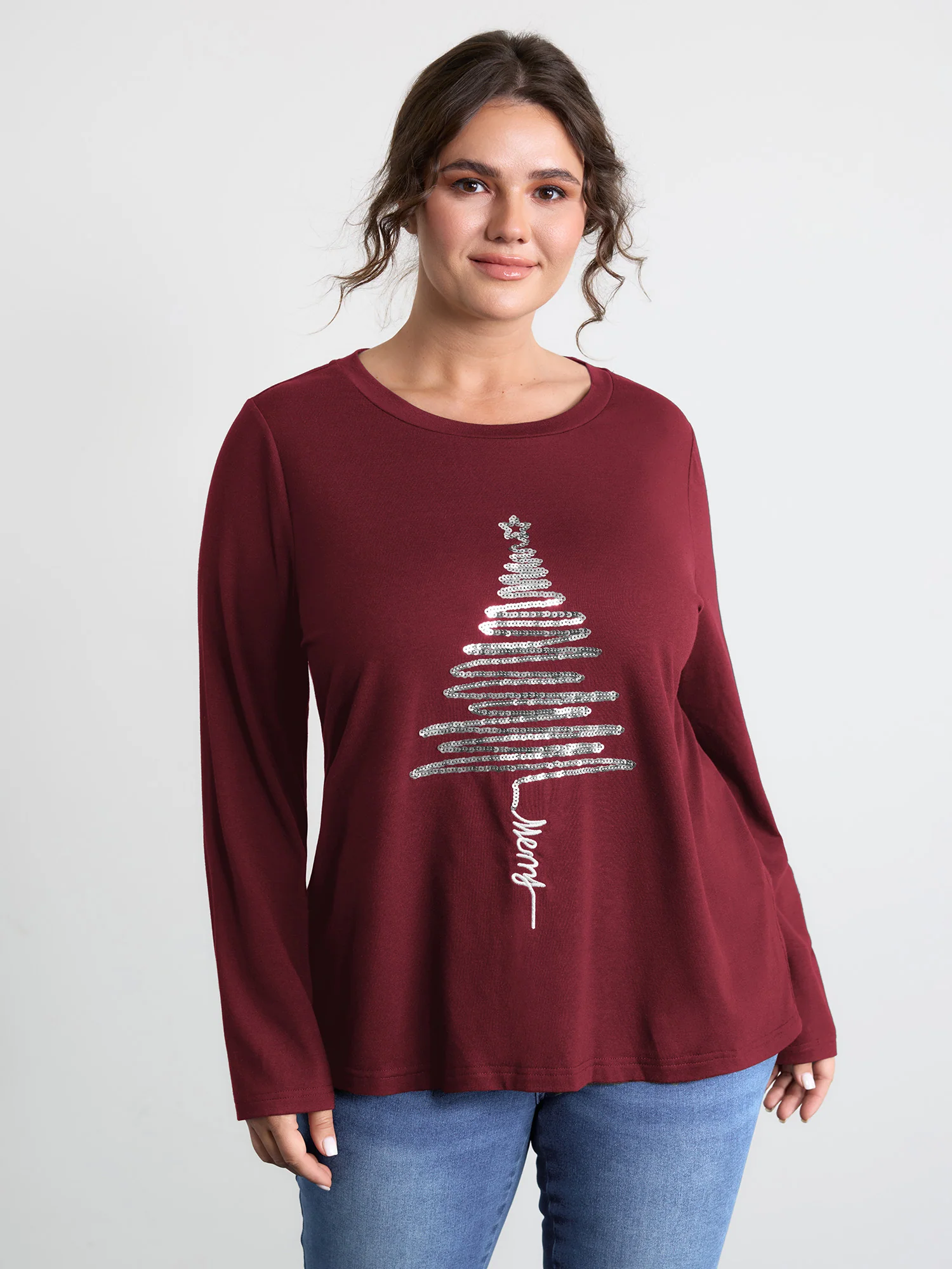 Sequin Cord Embroidered Tree Round Neck T-Shirt - Image 13