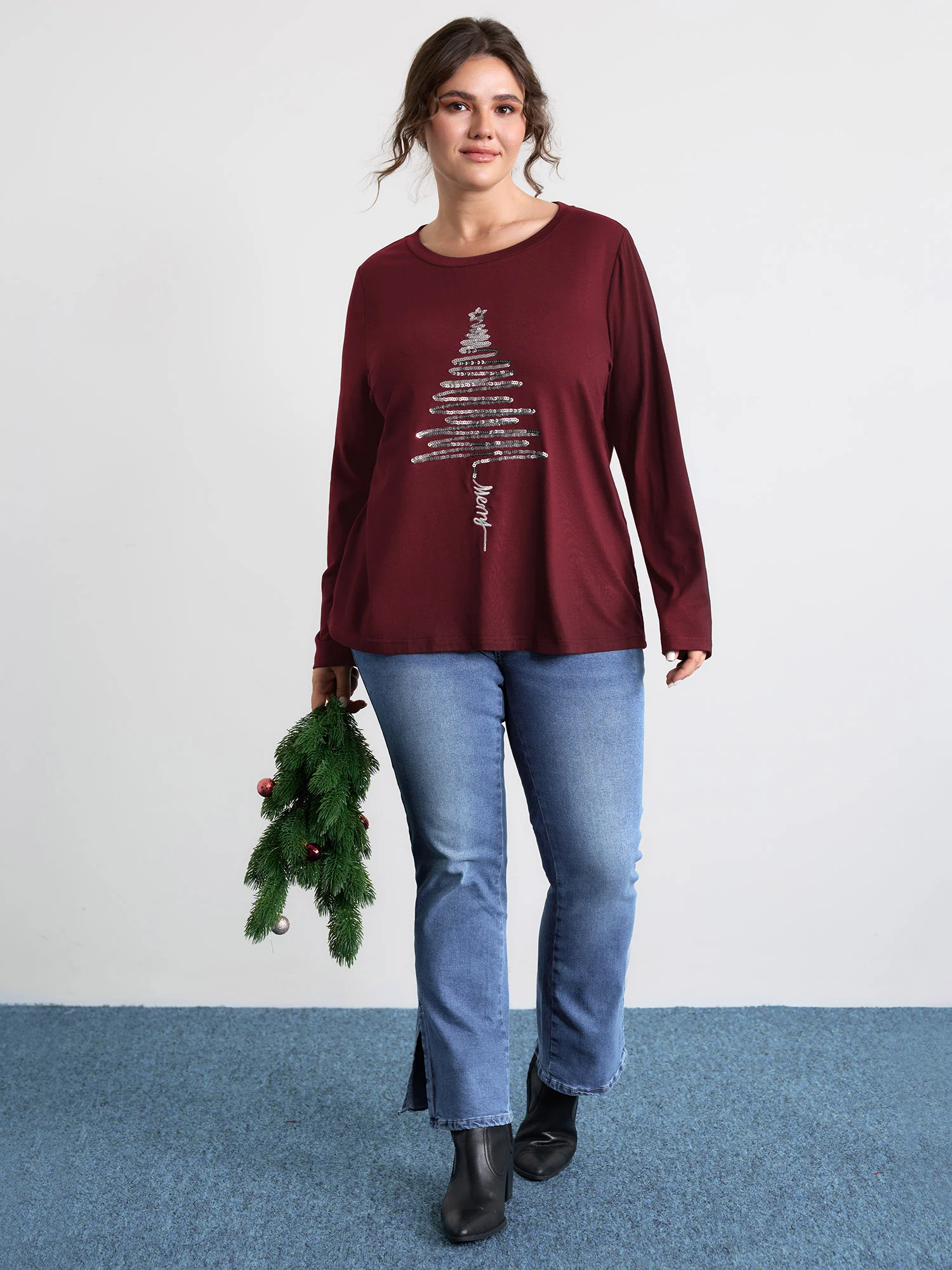 Sequin Cord Embroidered Tree Round Neck T-Shirt - Image 14