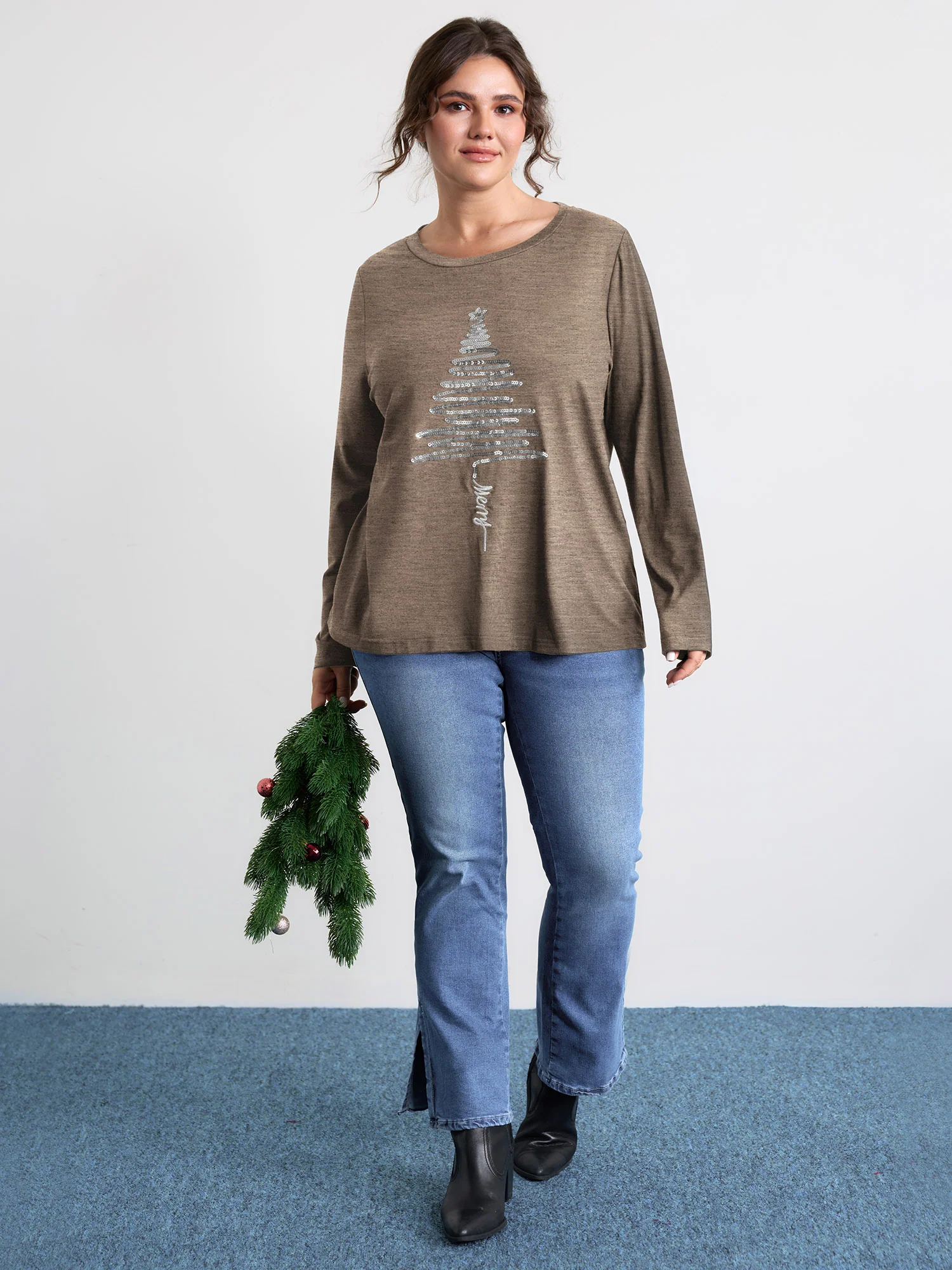 Sequin Cord Embroidered Tree Round Neck T-Shirt - Image 18