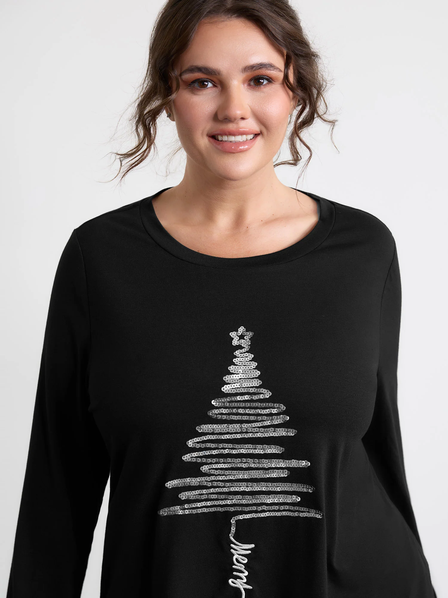 Sequin Cord Embroidered Tree Round Neck T-Shirt - Image 2