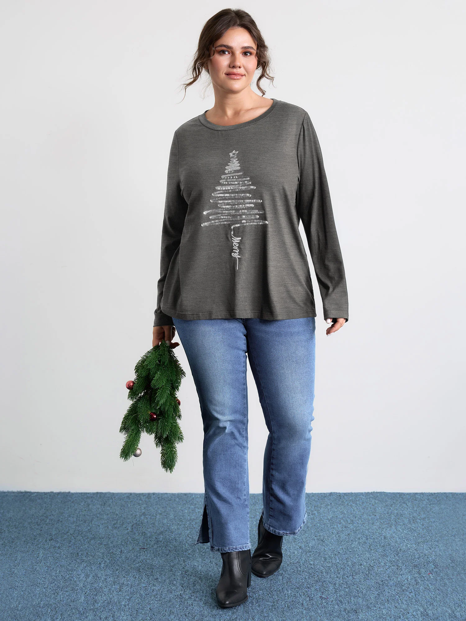 Sequin Cord Embroidered Tree Round Neck T-Shirt - Image 22