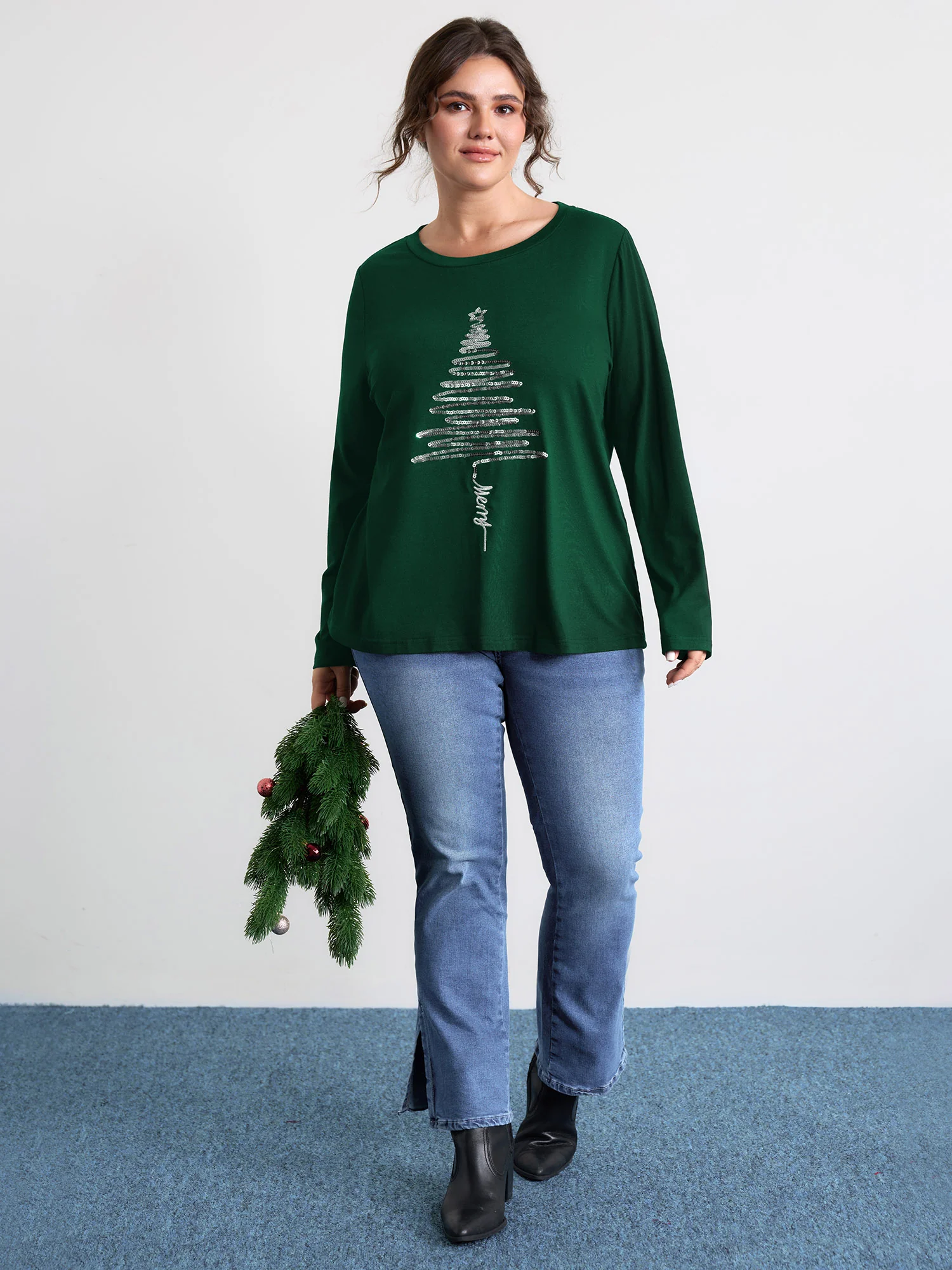 Sequin Cord Embroidered Tree Round Neck T-Shirt - Image 26