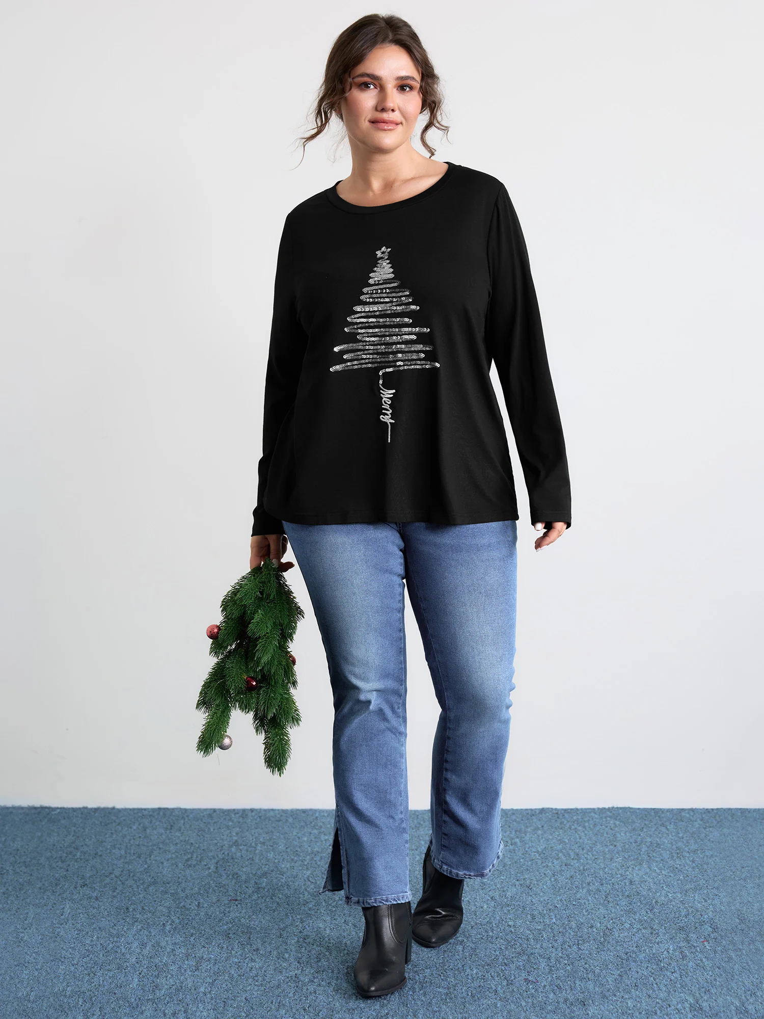Sequin Cord Embroidered Tree Round Neck T-Shirt - Image 3