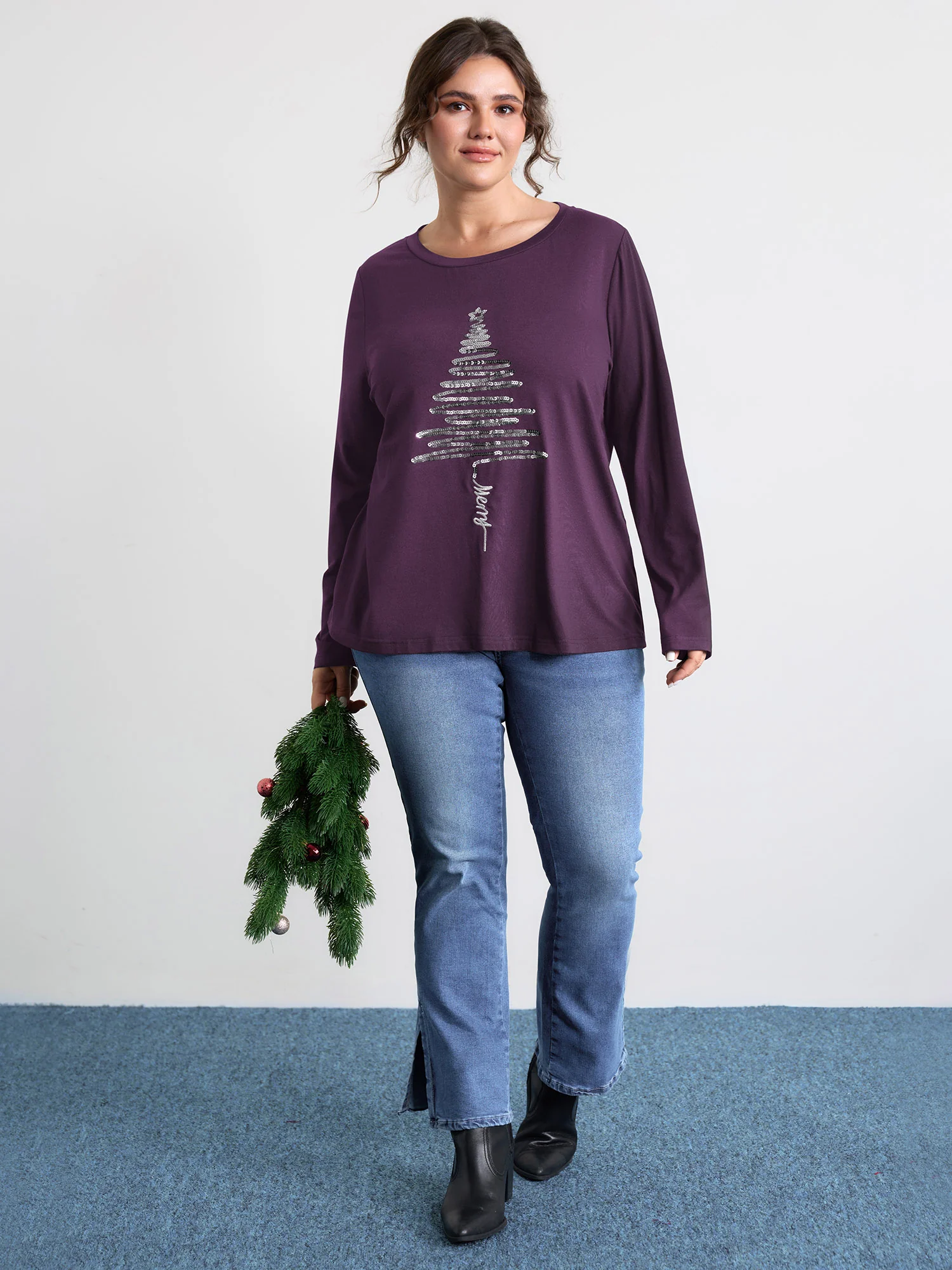 Sequin Cord Embroidered Tree Round Neck T-Shirt - Image 30
