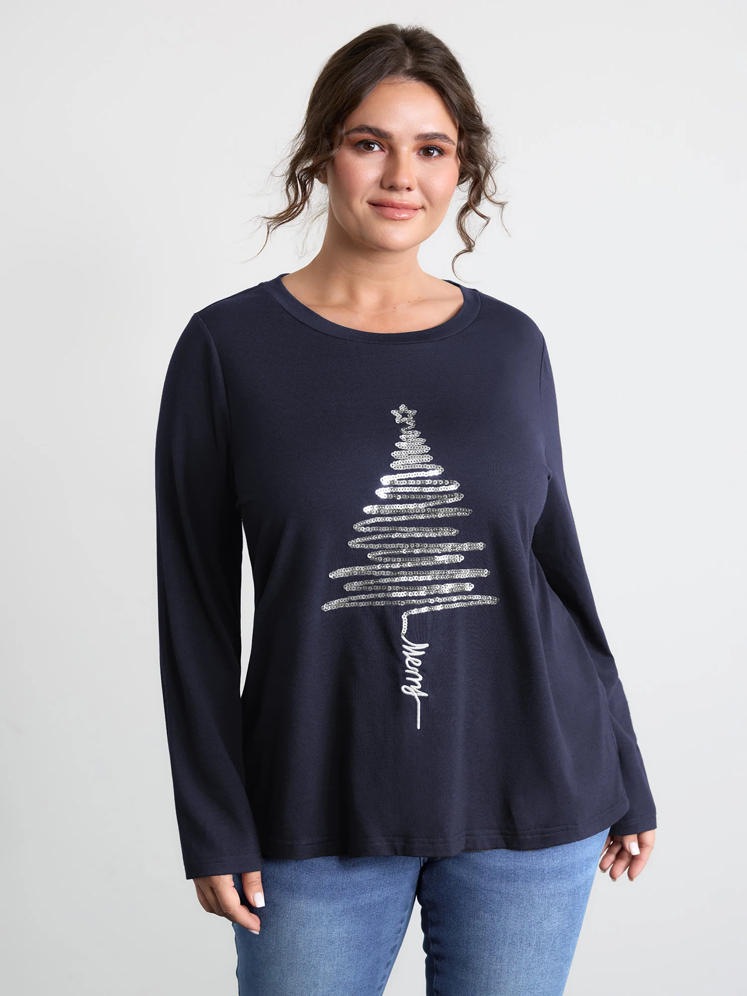 Sequin Cord Embroidered Tree Round Neck T-Shirt - Image 33