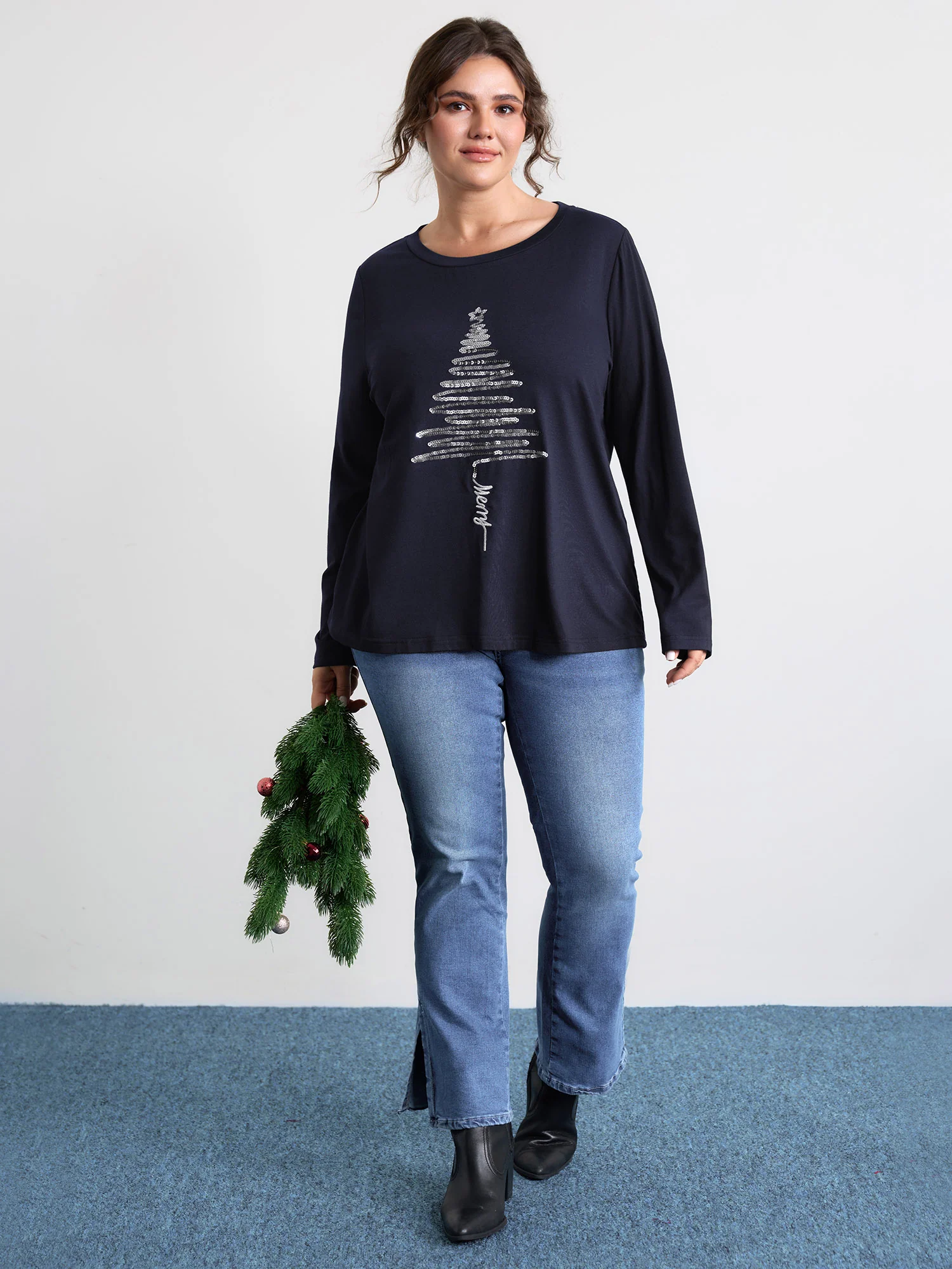 Sequin Cord Embroidered Tree Round Neck T-Shirt - Image 34