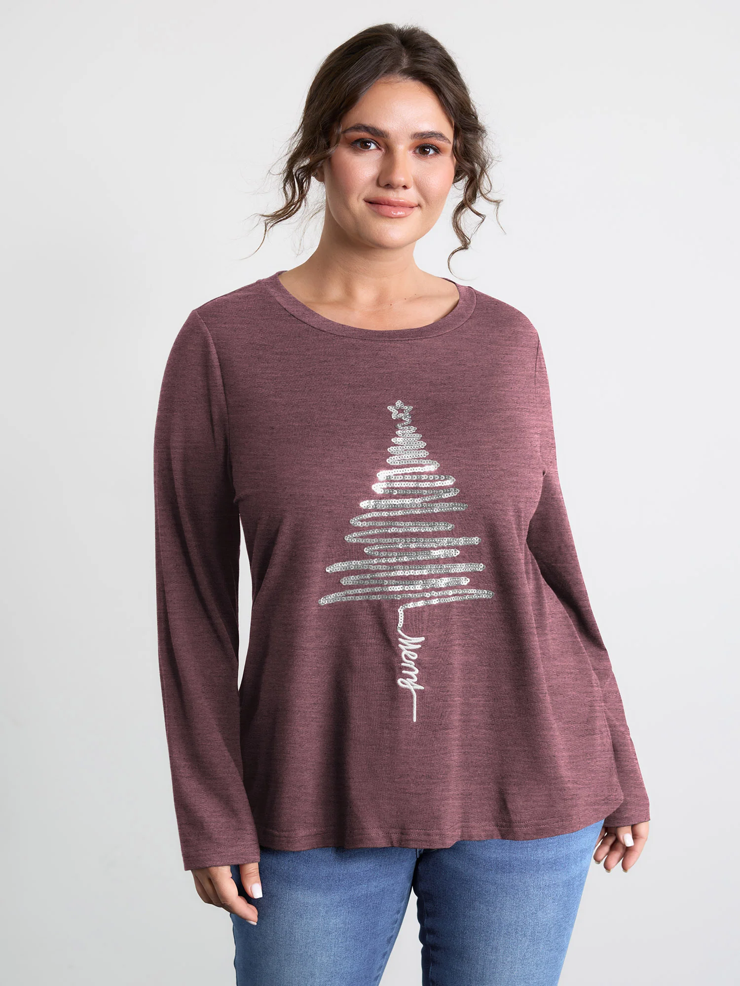 Sequin Cord Embroidered Tree Round Neck T-Shirt - Image 37