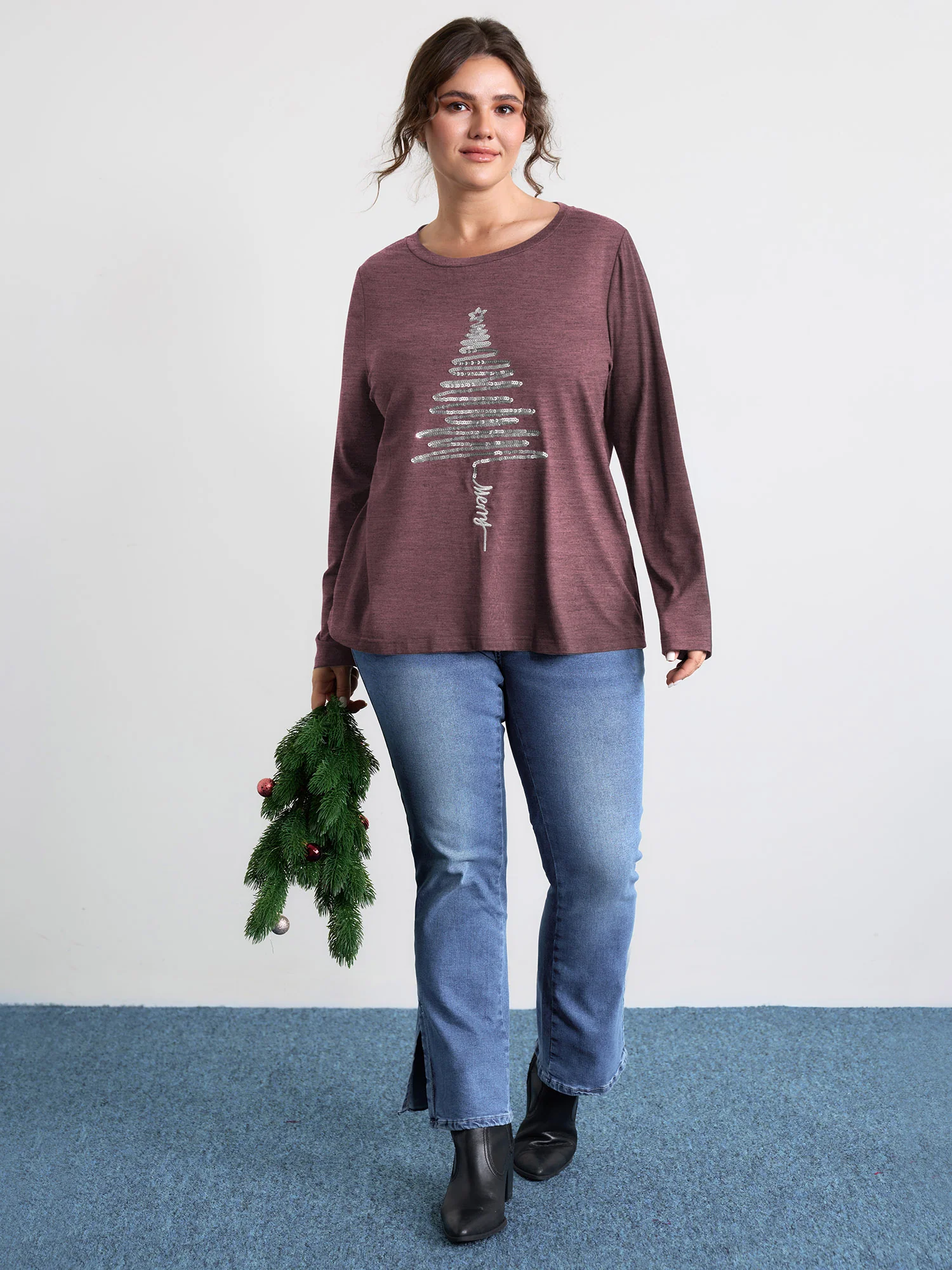 Sequin Cord Embroidered Tree Round Neck T-Shirt - Image 38