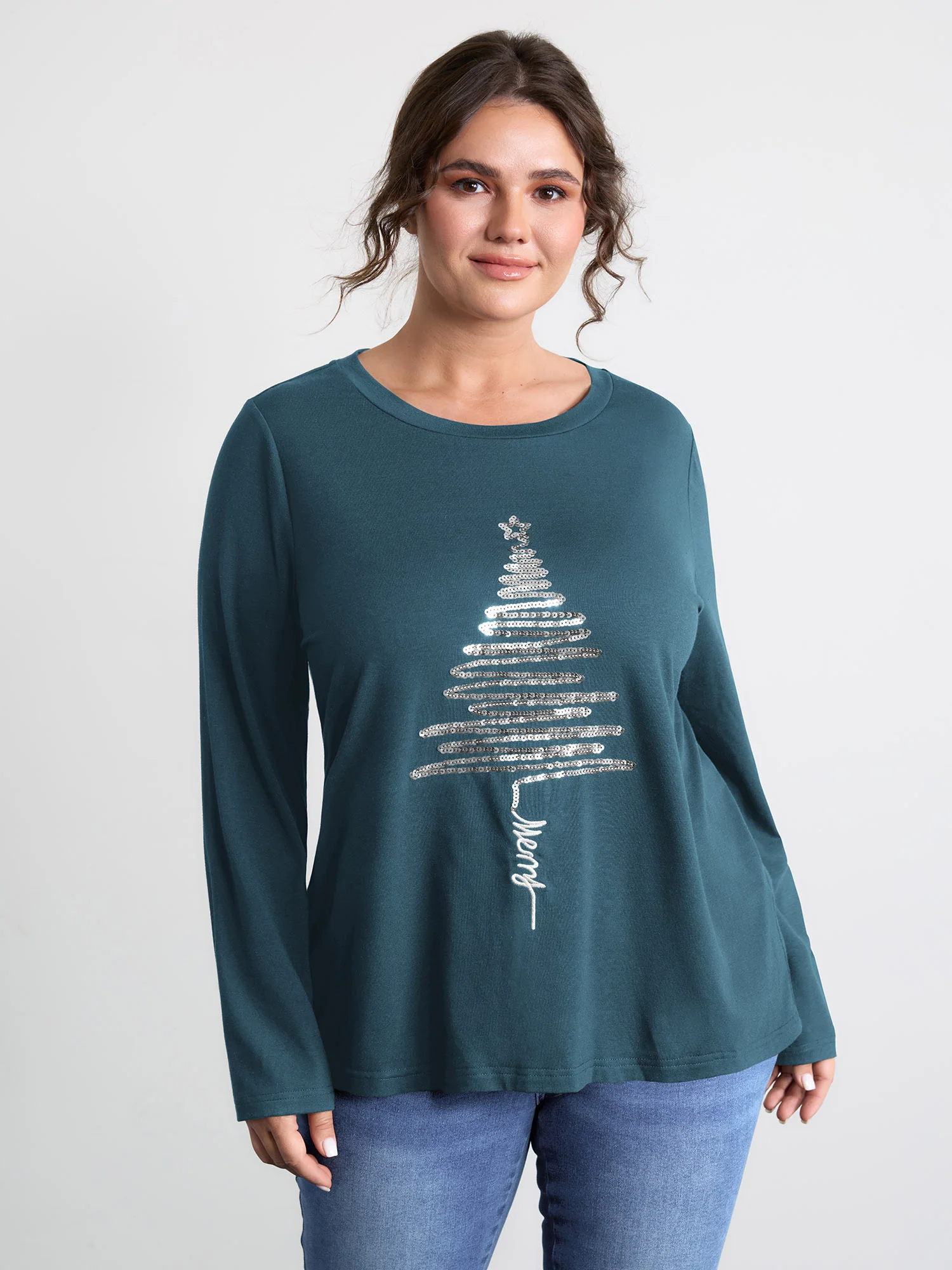 Sequin Cord Embroidered Tree Round Neck T-Shirt - Image 9